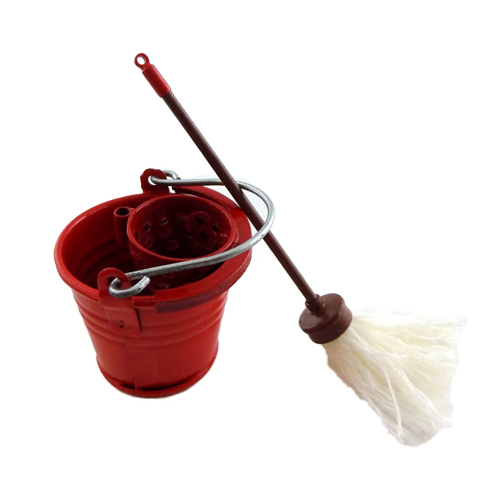 1:12 Scale Dollhouse Miniature Floor Mop with Red Tin Bucket - Realistic Cleaning Accessory for Dollhouse, DIY Crafts & Miniature Scenes (Model #G7147) | Perfect for Dollhouse Decor, Miniature Displays & Collectors