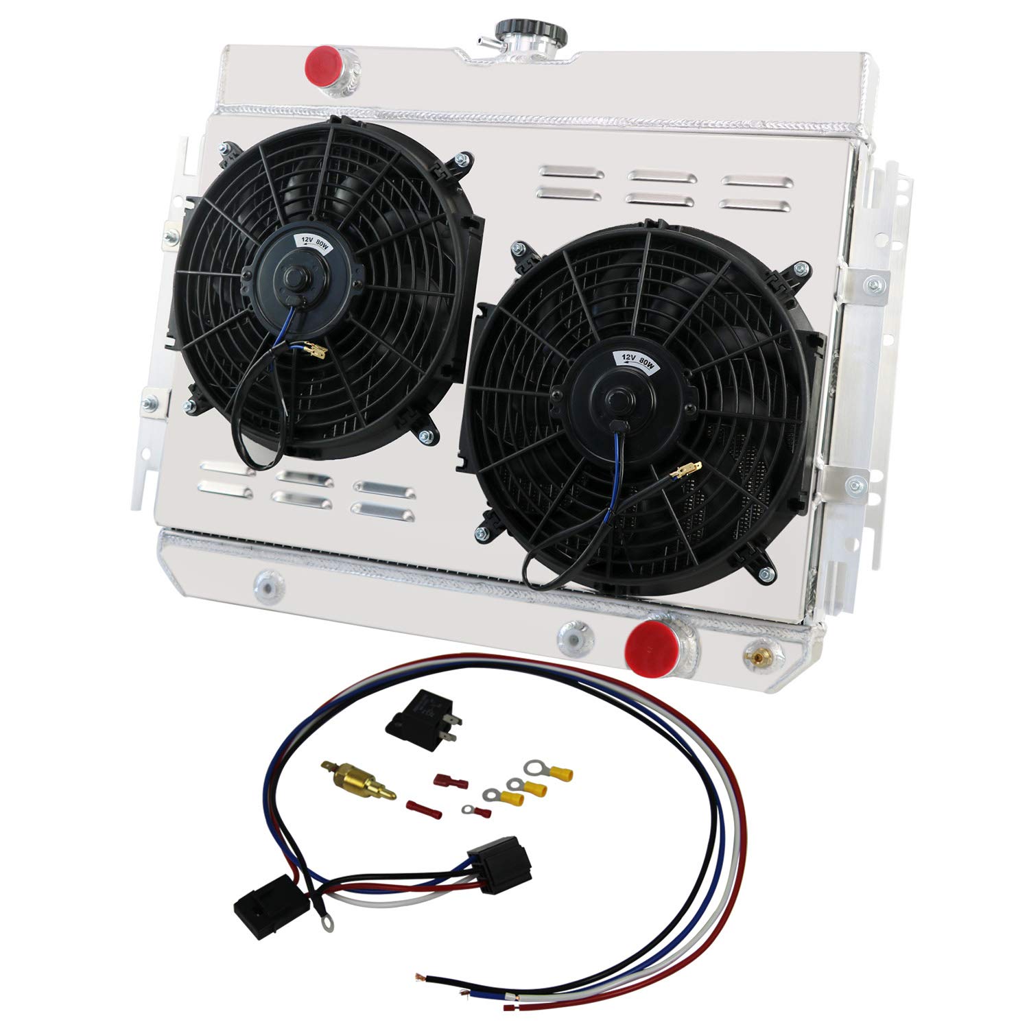 High-Performance 4 Row Aluminum Radiator for 1963-1968 Chevy Impala, Chevelle, Bel Air, Caprice & 64-67 El Camino - Compatible with L6 & V8 Engines - Includes Shroud, Fan & Relay Kits - Perfect for Classic Car Restoration & Hot Rod Upgrades