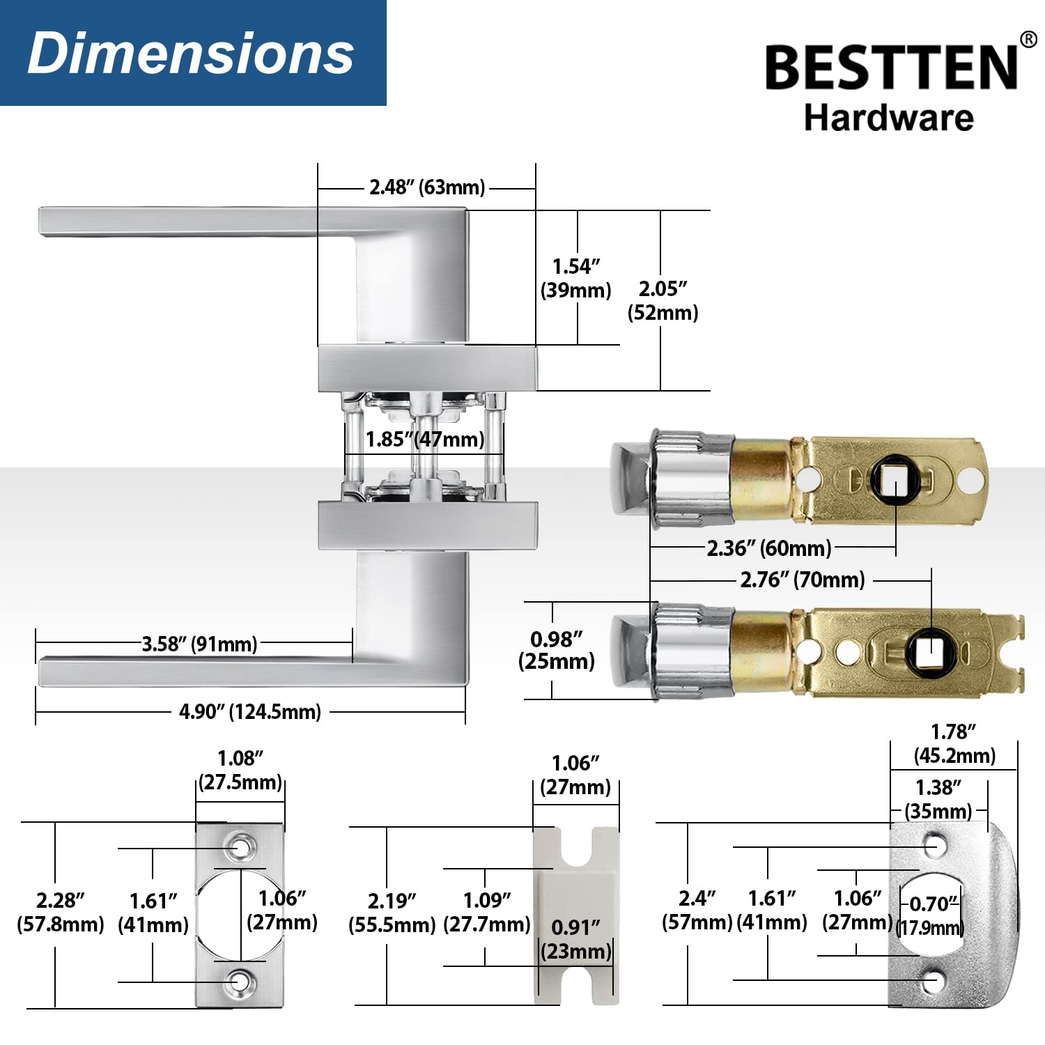 BESTTEN 3-Pack Square Passage Door Lever No Key - Heavy Duty Interior Door Handle for Hallway Closet & Bedroom - Monaco Series Satin Chrome Finish with Removable Latch Plate - Perfect for Residential Homes, Apartments and Office Spaces