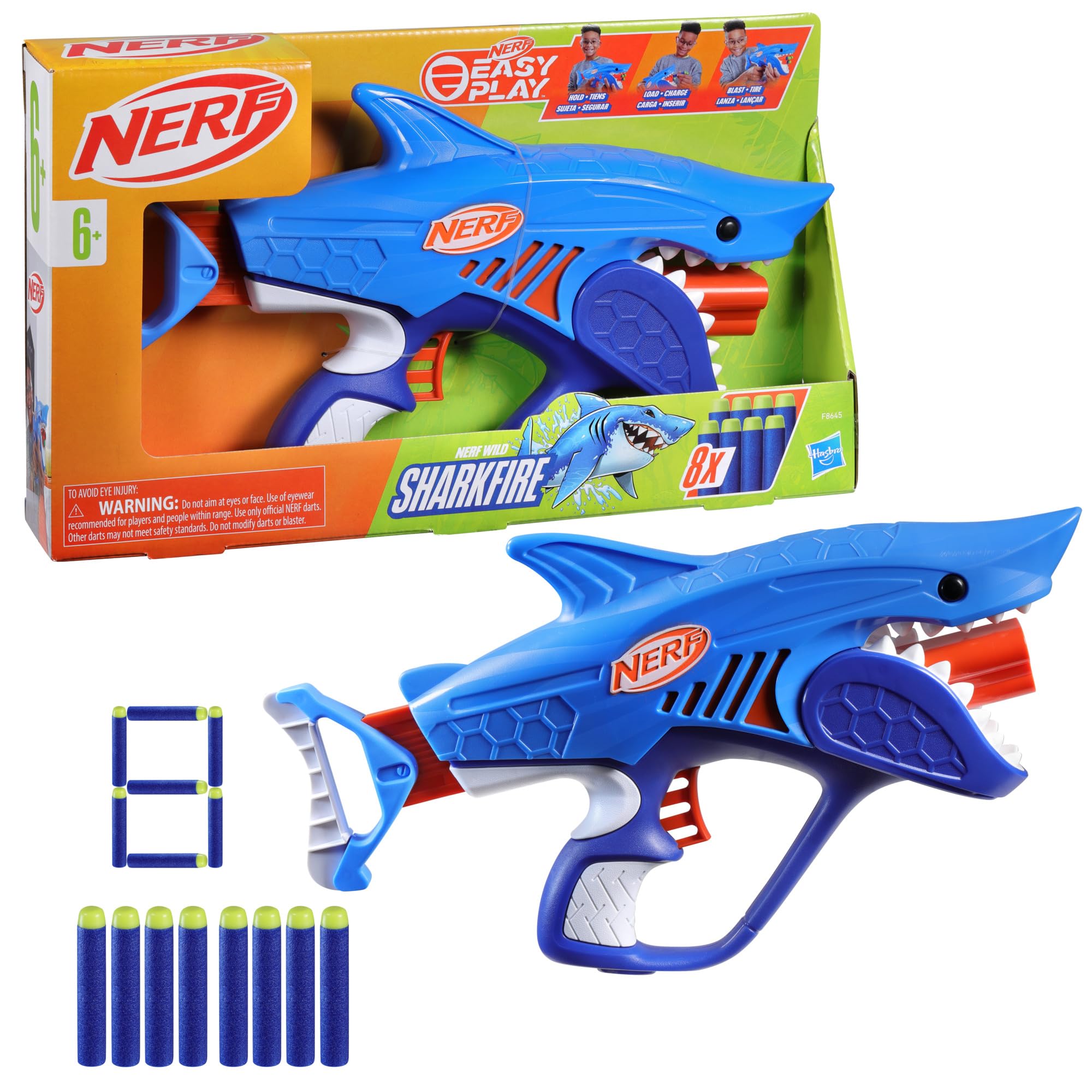NERF Junior Wild Sharkfire Dart Blaster Toy - Easy to Play with 8 Nerf Elite Darts - Fun Outdoor Shark-Themed Blaster for Kids Ages 6+ - Perfect for Backyard Battles, Birthday Parties & Summer Playtime