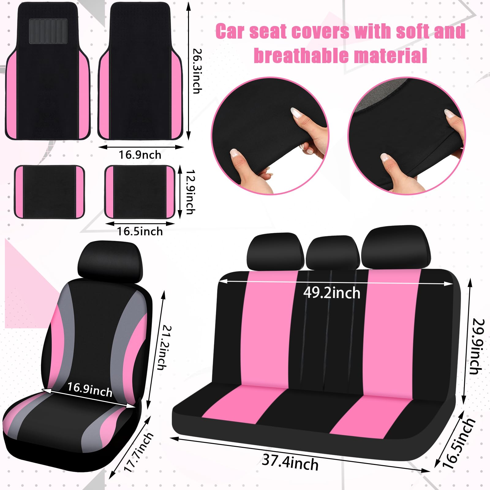 ROCEEI 47-Piece Full Set Car Seat Covers with Fluffy Steering Wheel Cover, Seat Belt Pads & Floor Mats - Premium Car Accessories for Front & Rear Seats (Black & Pink) | Ultimate Comfort & Protection for Daily Commute, Road Trips & Family Travel