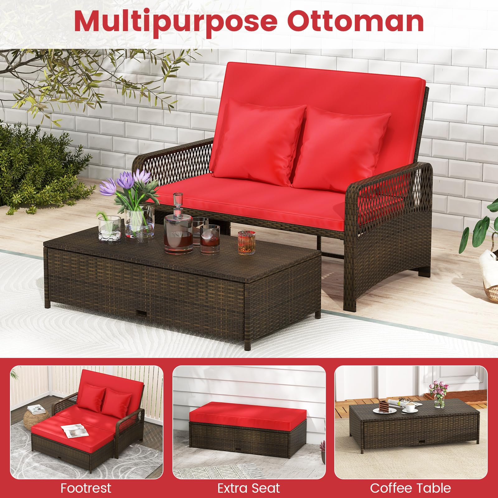 Outdoor Wicker Daybed Loveseat Sofa Set with Storage Ottoman, 4-Level Adjustable Backrest, Sofa Pillows & Cushions - Rattan Double Bed Lounger Furniture for Poolside, Backyard, Patio & Garden (Red) - Perfect for Relaxing, Sunbathing & Outdoor Entertaining