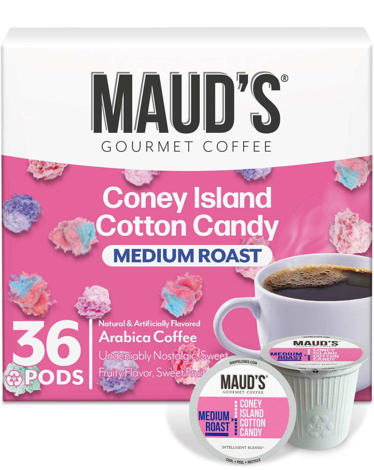 Maud's Cotton Candy Flavored Coffee Pods - Sweet & Delicious Single Serve K-Cup Pods for Keurig Brewers - Perfect for Breakfast, Office & Dessert Time