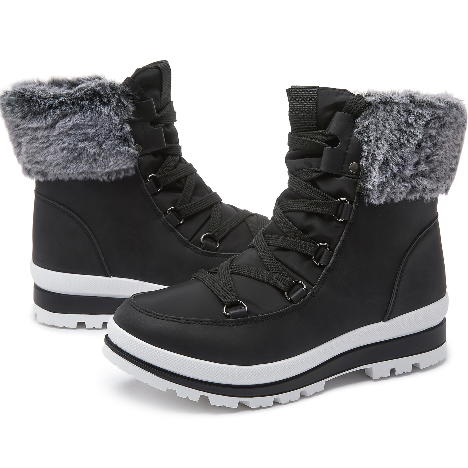 Women's Fuzzy Mid-Calf Snow Boots - Waterproof Winter Combat Boots with Non-Slip Sole & Zipper Closure (Black/White) | Perfect for Snowy Days, Outdoor Adventures & Casual Winter Fashion