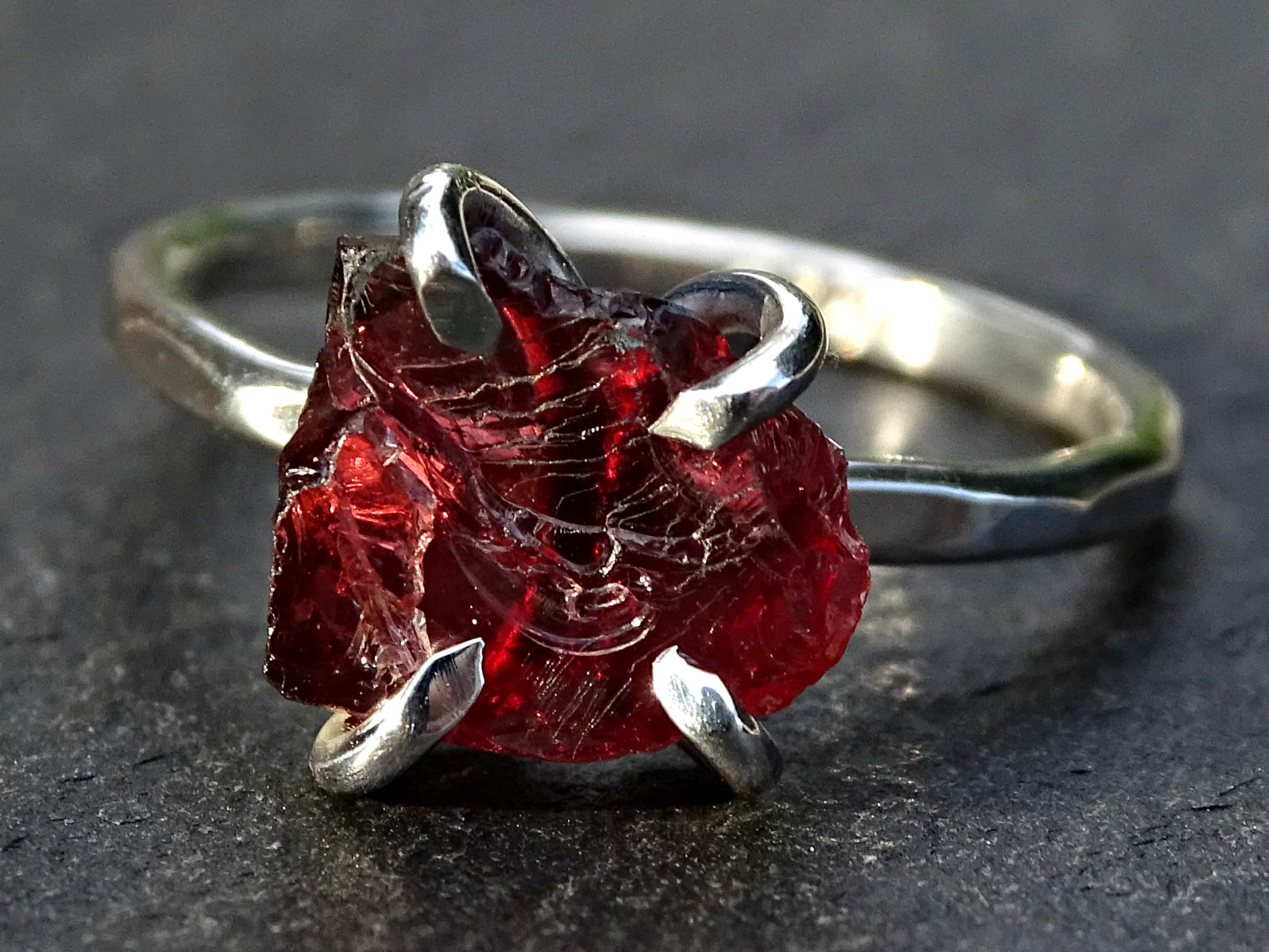 Natural Raw Garnet Silver Ring | Organic Stone Stacking Ring | Raw Crystal Jewelry | Unique Silver Engagement Ring for Women | Perfect Gift for Her - Boho Wedding, Everyday Wear, Anniversary Present