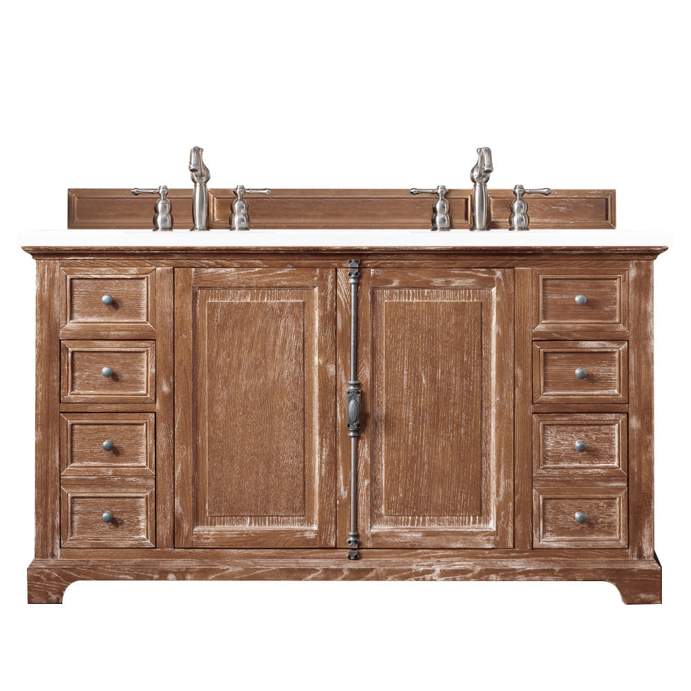 Providence 60 Inch Double Vanity Cabinet in Driftwood Finish with 3CM Classic White Quartz Top – Perfect for Modern Bathroom Renovations & Spa-Like Master Suites