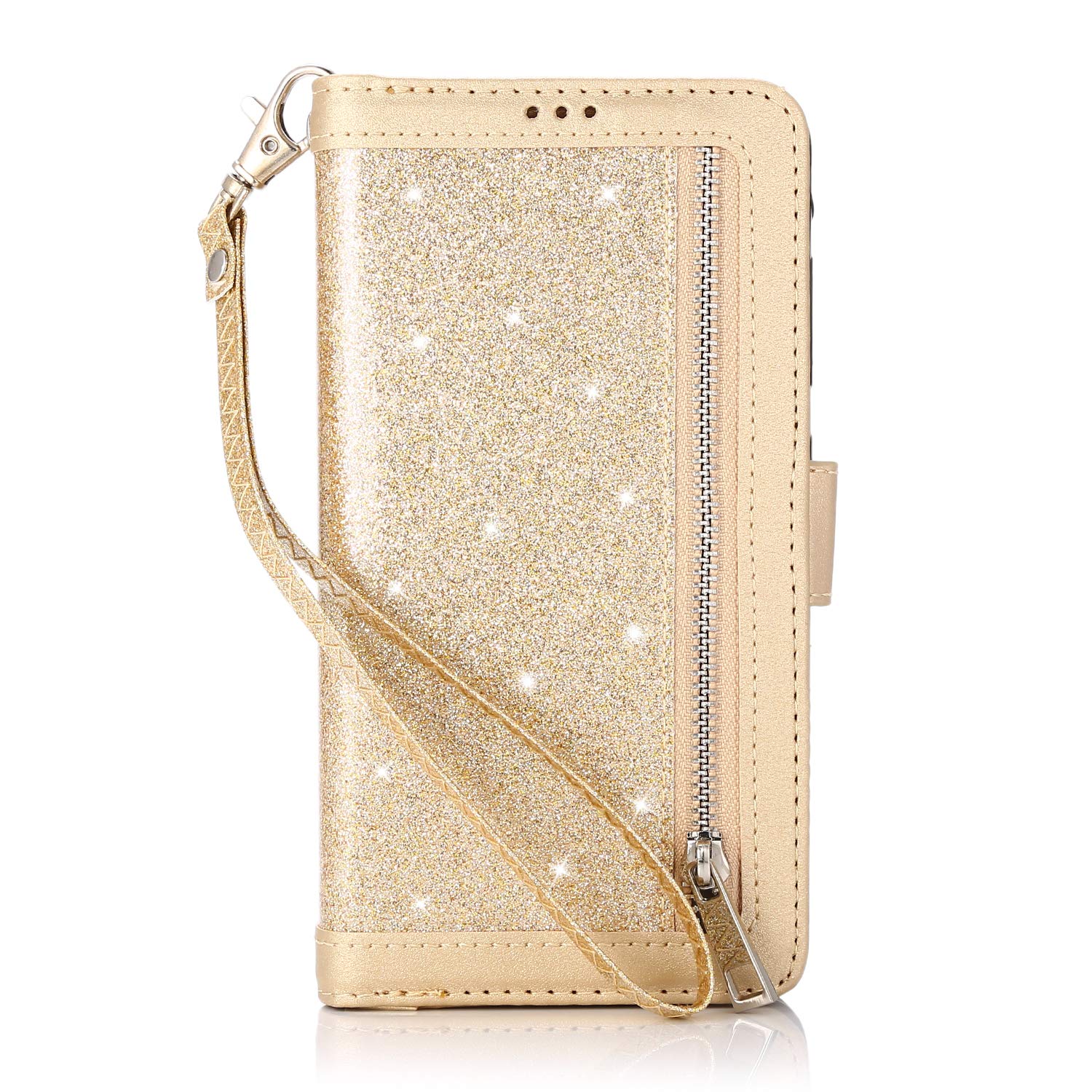 Samsung Galaxy A51 4G Flip Case with Kickstand & 9 Card Slots - Glitter Golden Zipper Wallet Phone Cover for Women & Men - Perfect for Travel, Work, and Everyday Use