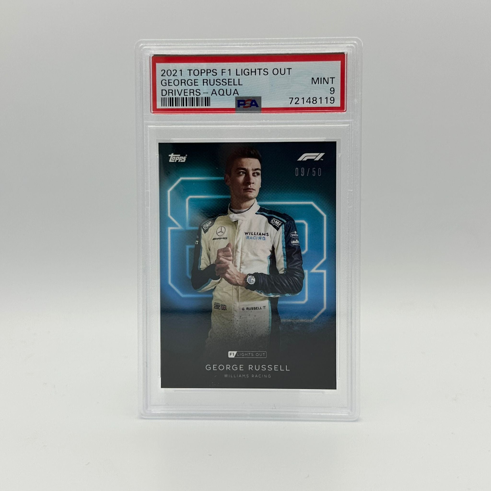 2009 George Russell PSA 9 Graded 50/50 Aqua Parallel Racing Driver Card - Perfect for Collectors, Sports Memorabilia & F1 Fans