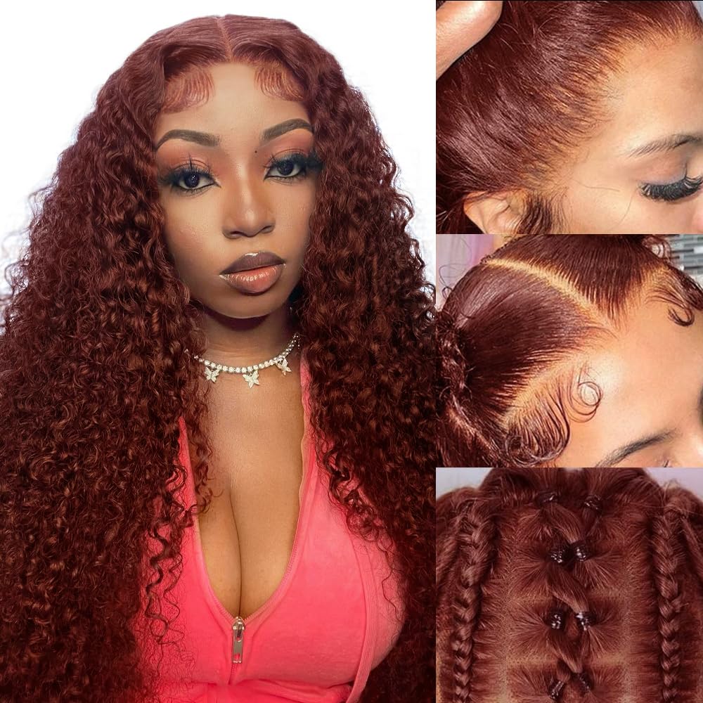 28 Inch Reddish Brown Curly Human Hair Wig with 13x4 HD Lace Frontal - Pre Plucked, 150% Density, Auburn Deep Wave, Baby Hair for Women | Perfect for Cosplay, Daily Wear & Special Occasions