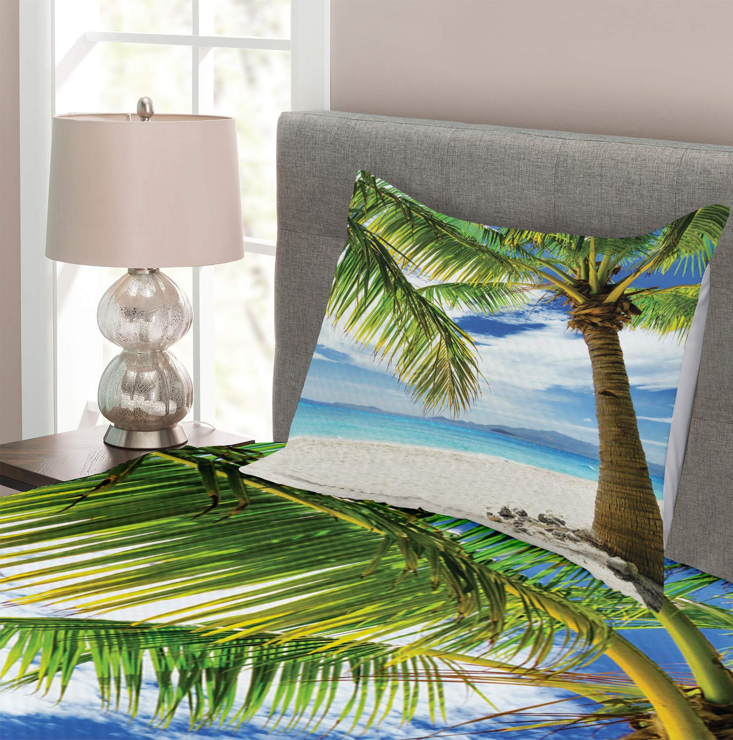 Ambesonne Lonely Palm Tree Bedspread Set - Twin Size 2-Piece Quilted Coverlet with Pillow Sham | Tropical Beach Theme in Coconut Green & Blue | Perfect for Coastal Bedroom Decor, Vacation Home Styling & Philippines Travel Inspired Interiors