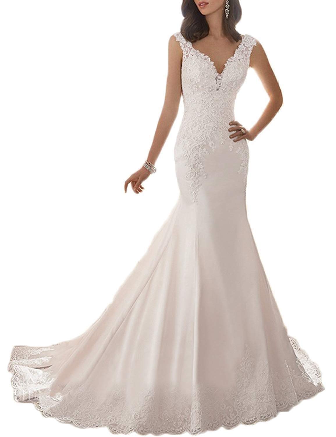 BeautBoy Women's Mermaid Satin Wedding Dress with Lace Appliques & Train - Elegant Bridal Gown for Beach, Church & Formal Weddings W09