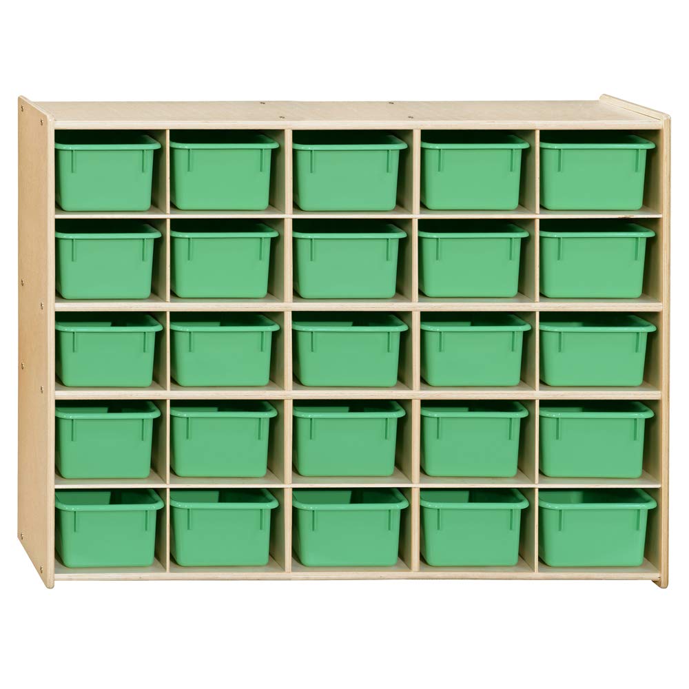 Contender Birch 25 Cubby Tray Cabinet with Lime Green Bins - Kids Storage Organizer for Daycare, Nursery & Homeschool - Fully Assembled Shelving Unit for Toys, Books & Learning Materials - Perfect for Classroom Organization & Montessori Playrooms