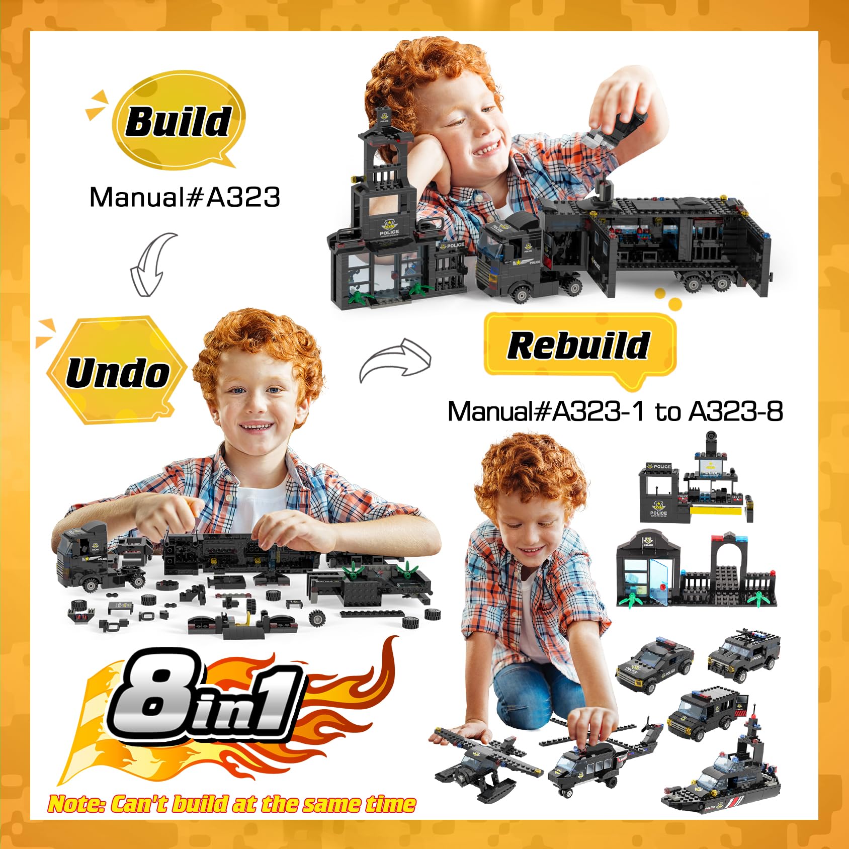 WishaLife 8-in-1 City Police SWAT Mobile Command Center Truck Toy Building Set with Police Station, Car, Helicopter & Boat - STEM Educational Construction Play Set for Kids Boys Girls Ages 6+ - Perfect for Role Play, Birthday Gifts & Creative Building Fun