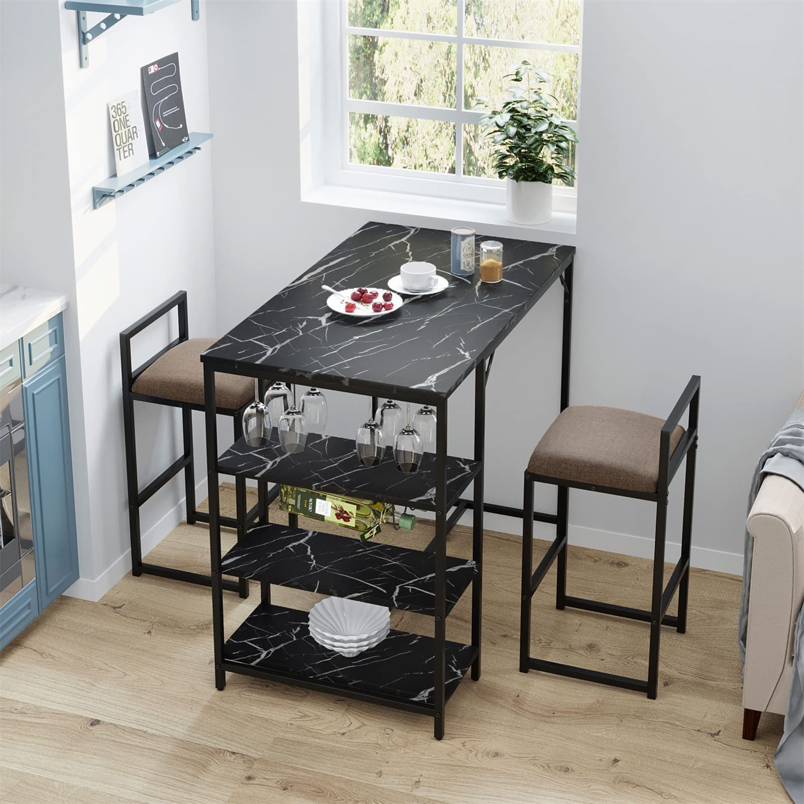 VERYKE 3-Piece Counter Height Dining Set with 2 Upholstered Bar Stools, 3 Open Storage Shelves, 4 Glass Holders & 2 Wine Racks - Perfect for Small Spaces, Breakfast Nooks, and Modern Kitchen Bars (Black)
