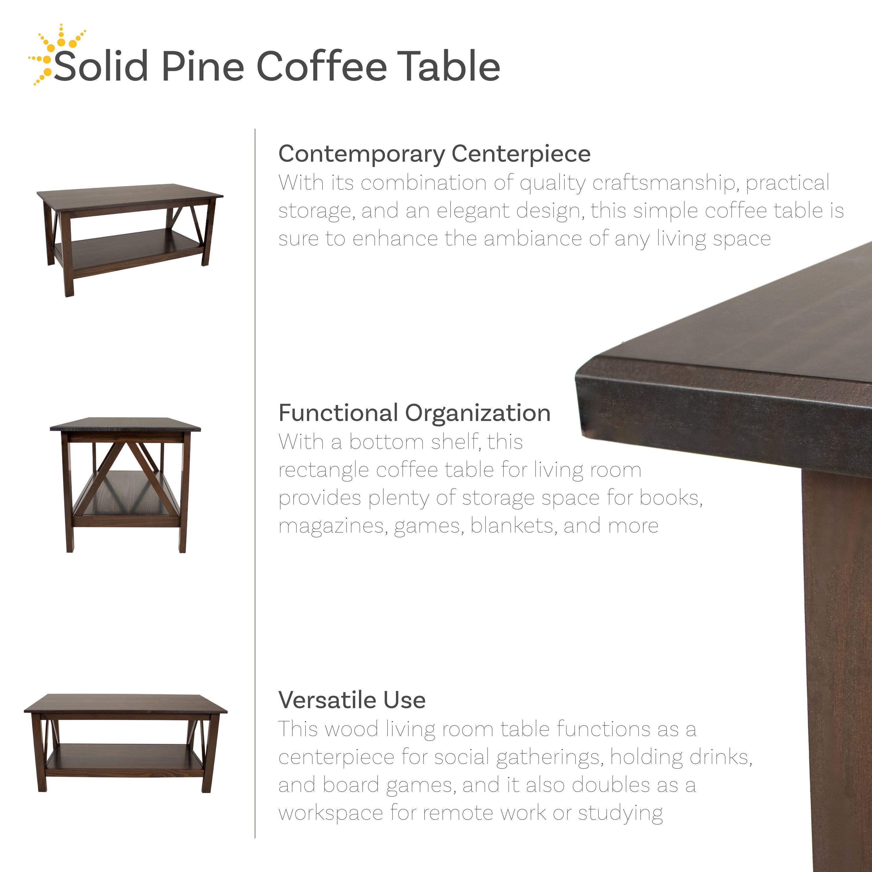 Sunnydaze Dark Brown Wood Coffee Table with Storage Shelf - 43.5 Inch Modern Side Table for Living Room, Patio & Office Furniture