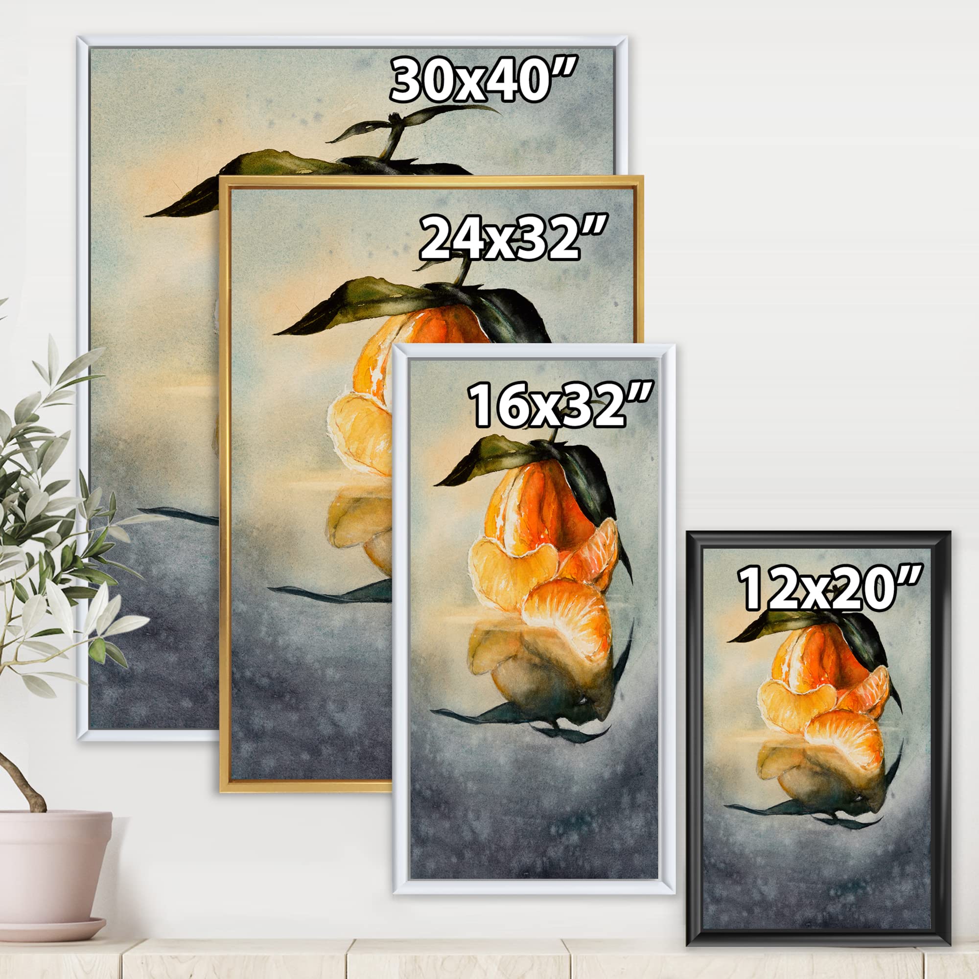 Fresh Peeled Orange Mandarin with Green Leaves - Traditional Framed Canvas Wall Art Print - Perfect for Kitchen, Dining Room & Farmhouse Decor