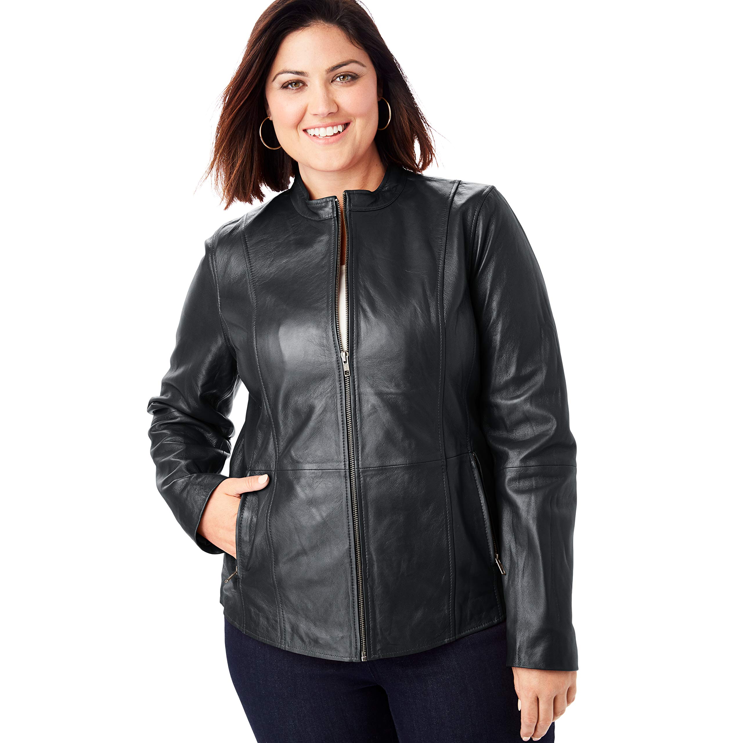 Jessica London Women's Plus Size Zip Front Leather Jacket - Stylish Faux Leather Moto Jacket for Curvy Women | Perfect for Casual Outings, Date Nights & Fall Layering