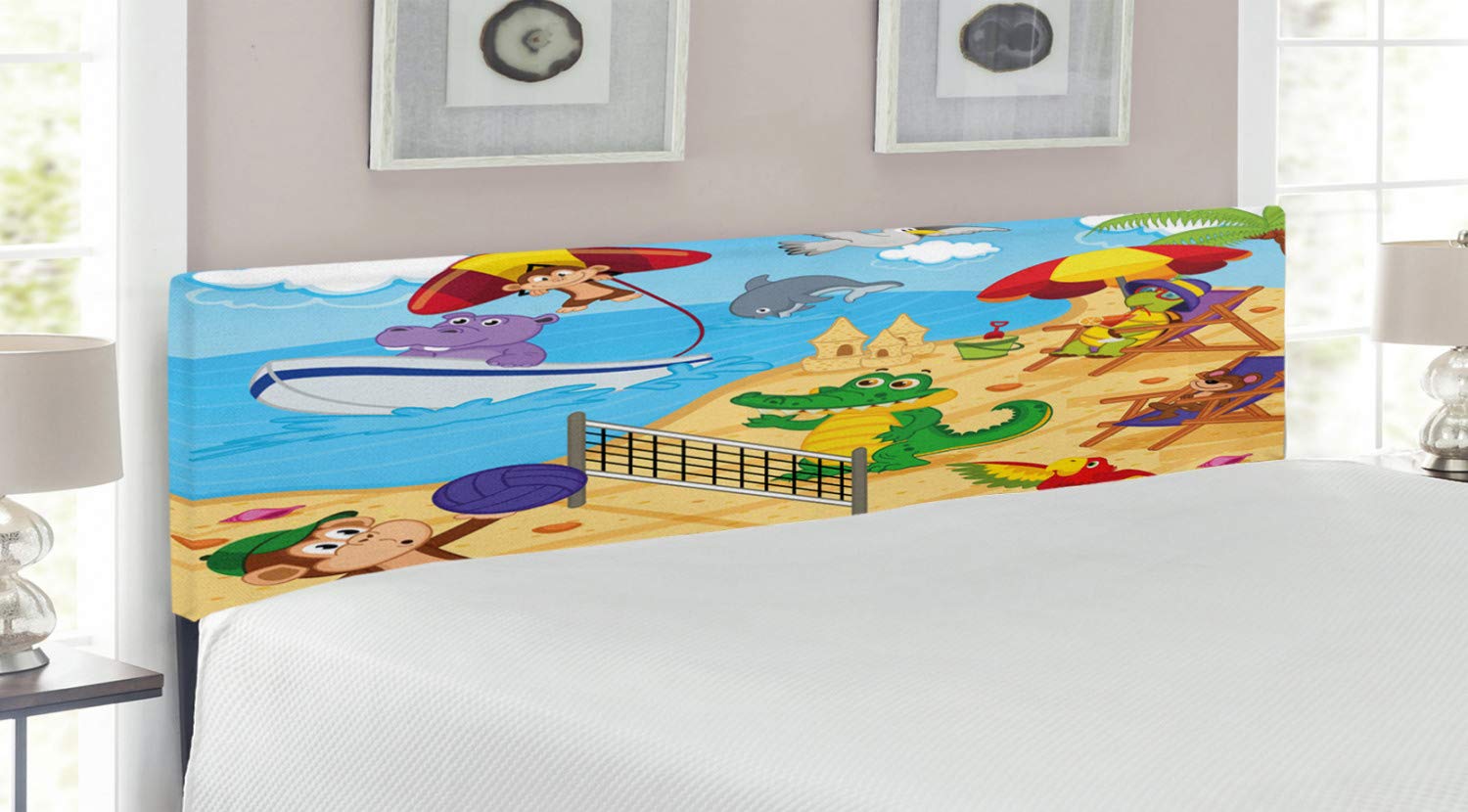 Ambesonne King Size Upholstered Metal Bed Headboard with Memory Foam - Cartoon Animal Beach Scene Featuring Monkey, Hippo & Dolphin - Exotic Summer Themed Decorative Headboard for Bedroom, Guest Room & Kids Room