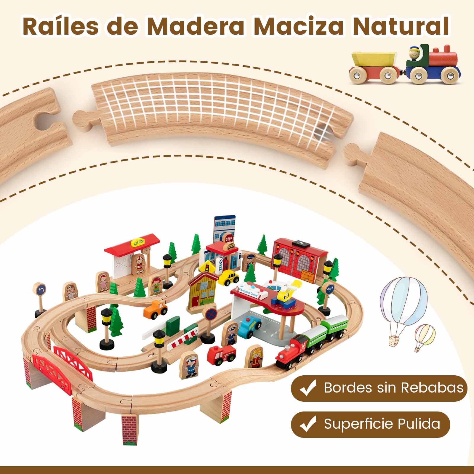 COSTWAY Solid Wood Train Table Set with 84-Piece Track, Storage Drawer & Natural Wooden Train Play Table for Kids Ages 3+ (97x62.5x39.5cm) - Perfect for Preschool Playrooms, Daycare Centers & Toddler Gift Ideas