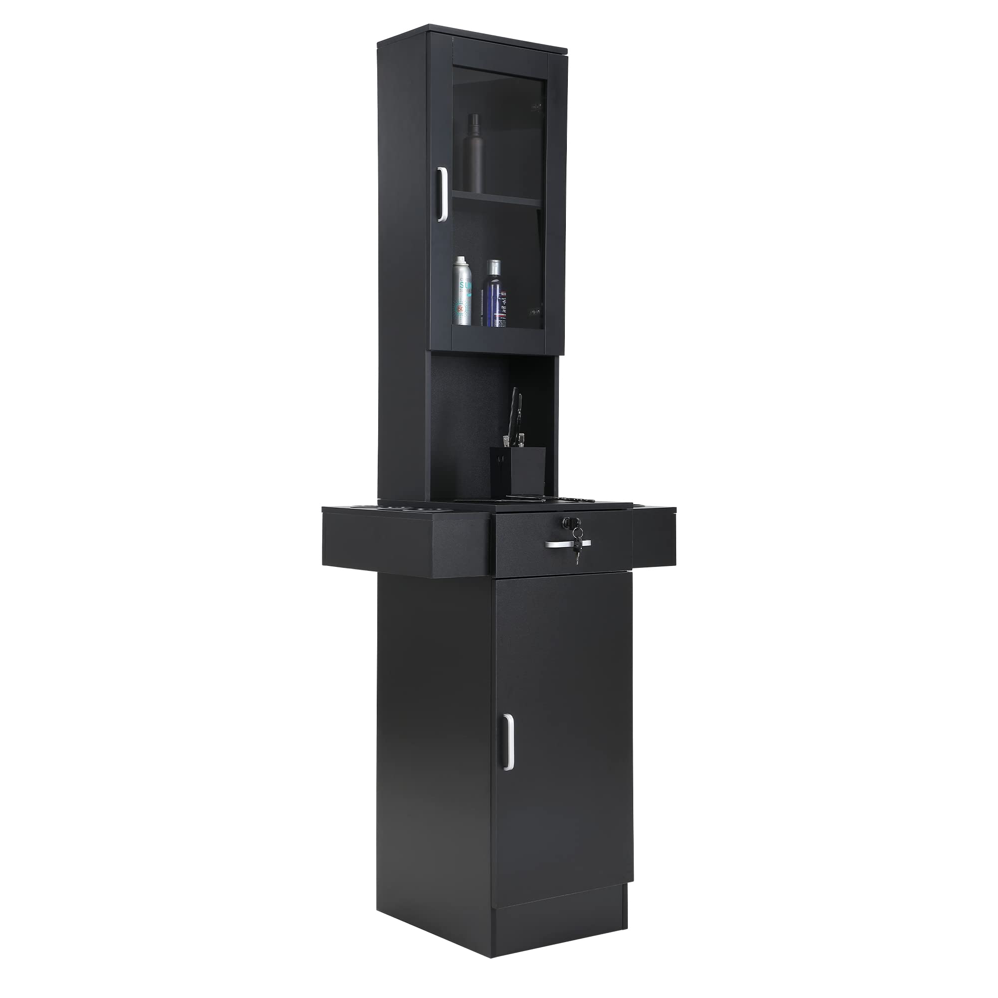 Professional Salon Station for Hair Stylists & Barbers - Locking Drawer Storage Cabinet with 6 Dryer Holders & 2 Glass Doors - Salon Equipment for Beauty Spa & Barber Shops (Black) - Perfect for Hair Styling, Cutting, and Salon Organization