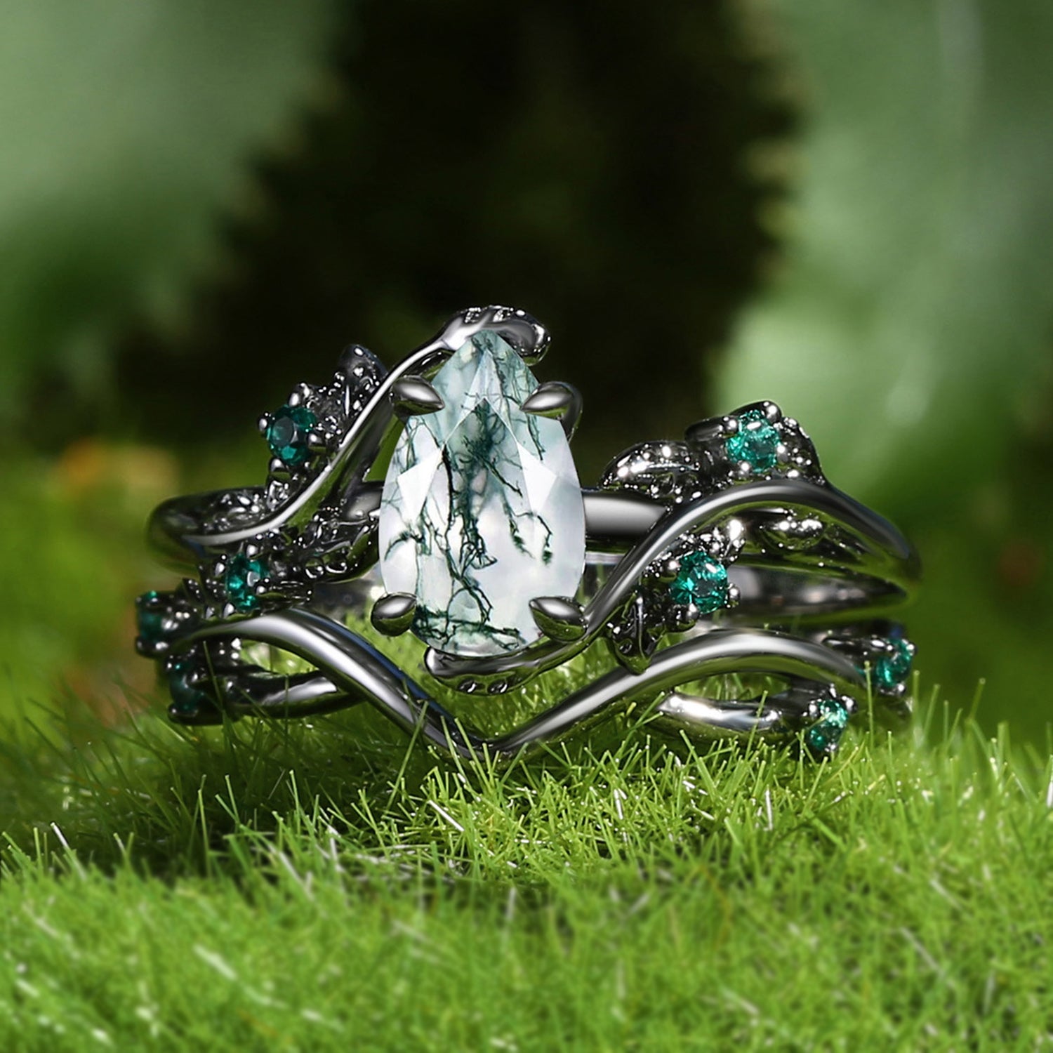 Nature Inspired Pear Shaped Moss Agate Leaf Ring Set - 2 Piece Sterling Silver Bohemian Jewelry for Women - Perfect for Boho Wedding, Nature Lover Gift & Everyday Wear