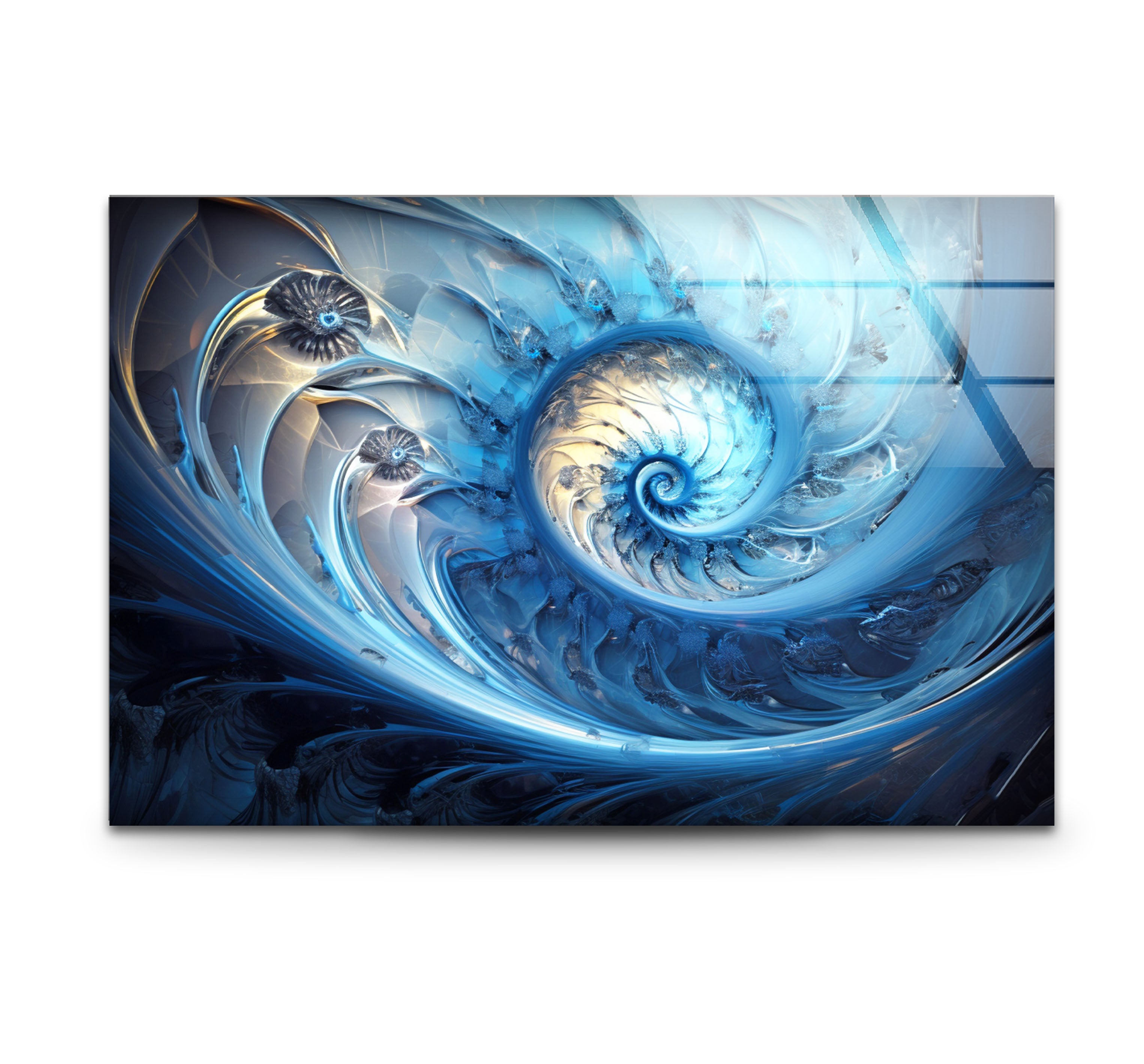 Blue Fractal Spiral Wall Art - Abstract Nautilus Glass Print for Modern Living Room & Office Decor | Perfect for Contemporary Home & Workspace Interiors