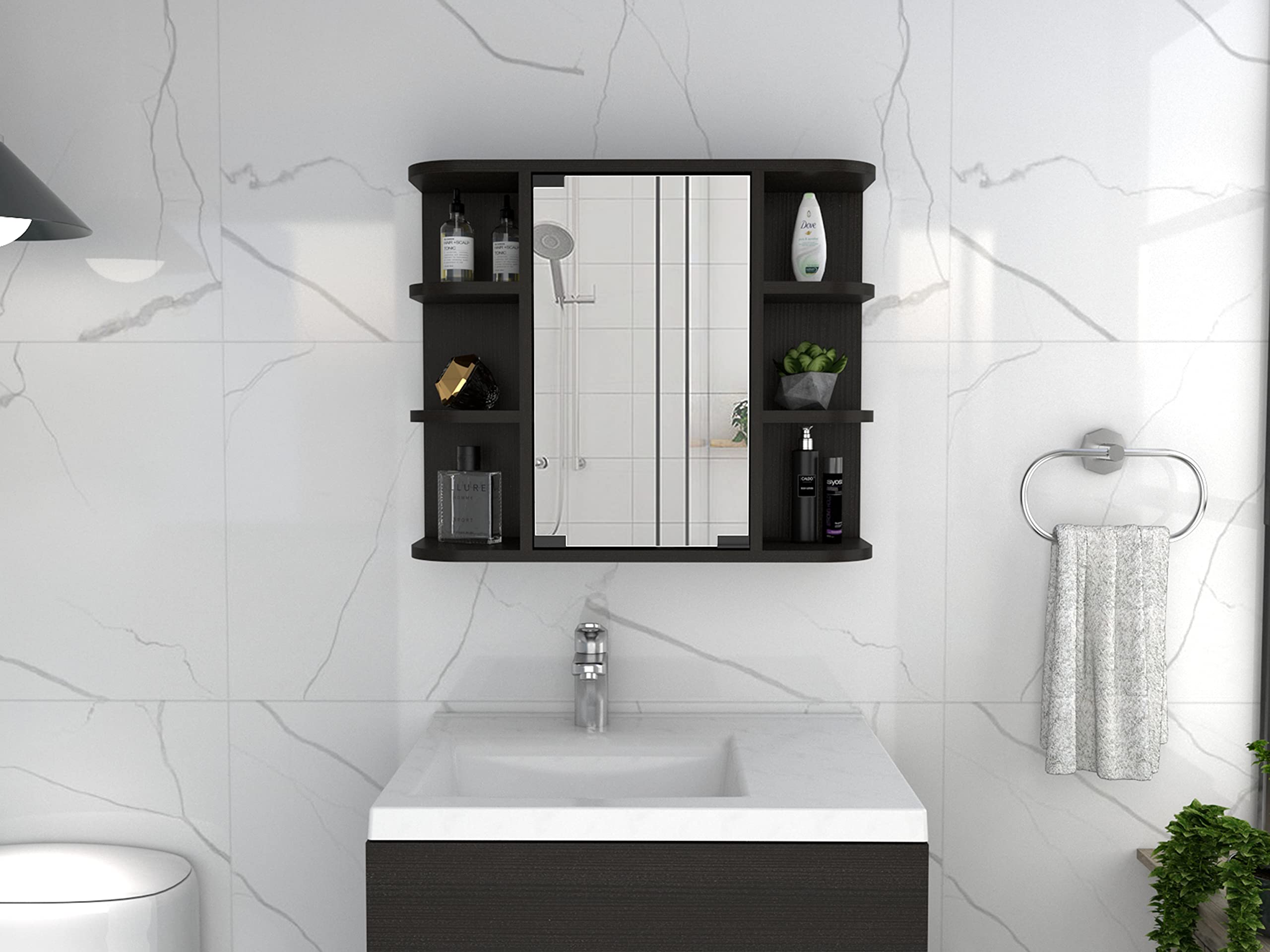 Valdez Medicine Cabinet with 6 Shelves & Mirror - 3-Tier Storage, Black Wengue Finish - Perfect for Bathroom Organization & Small Space Storage