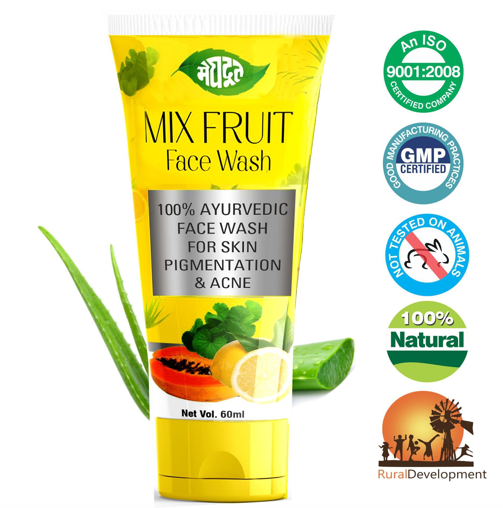 Meghdoot Mix Fruit Face Wash 60ml (Pack of 3) - Natural Cleanser for Glowing Skin | Perfect for Daily Skincare Routine & Travel