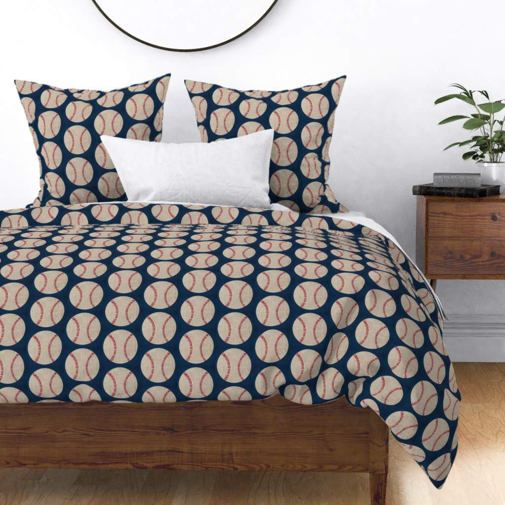 Vintage Navy Baseball Print Cotton Sateen Duvet Cover Twin - Sports Theme Nursery Bedding for Boys, Dark Blue Polka Dot Design, Custom Kids Room Decor - Perfect for Baseball Lovers' Bedrooms & Gift Ideas