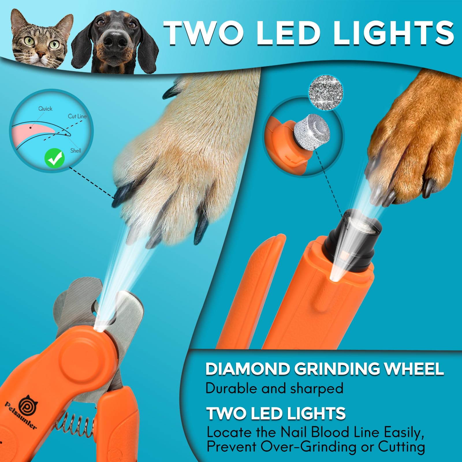 2-in-1 Dog Nail Clippers & Grinder with LED Lights - Safe & Quiet Pet Nail Trimmer for Dogs & Cats of All Sizes - Perfect for Thick Nails Grooming at Home or Professional Use