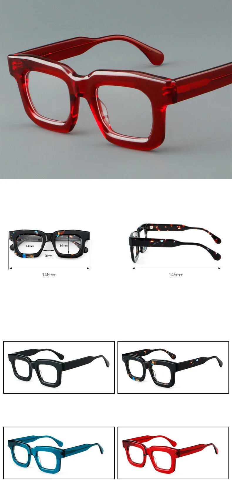 CCspace Unisex Full Rim Square Thick Acetate Eyeglasses Frame 301902 - Stylish & Durable for Work, Reading & Fashion