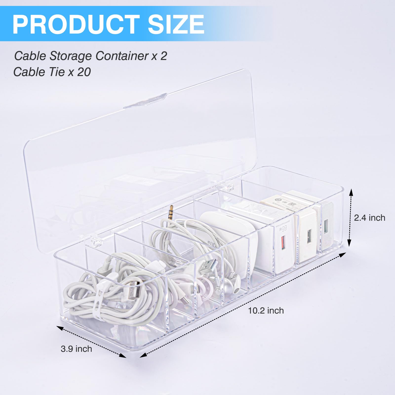 HOMEE 2-Pack Clear Plastic Cable Organizer Box with Lid - 8 Compartment Cord Storage for Chargers, Wires & Electronics - Perfect for Home, Office Drawer & Travel Organization (Cable Management Solution)