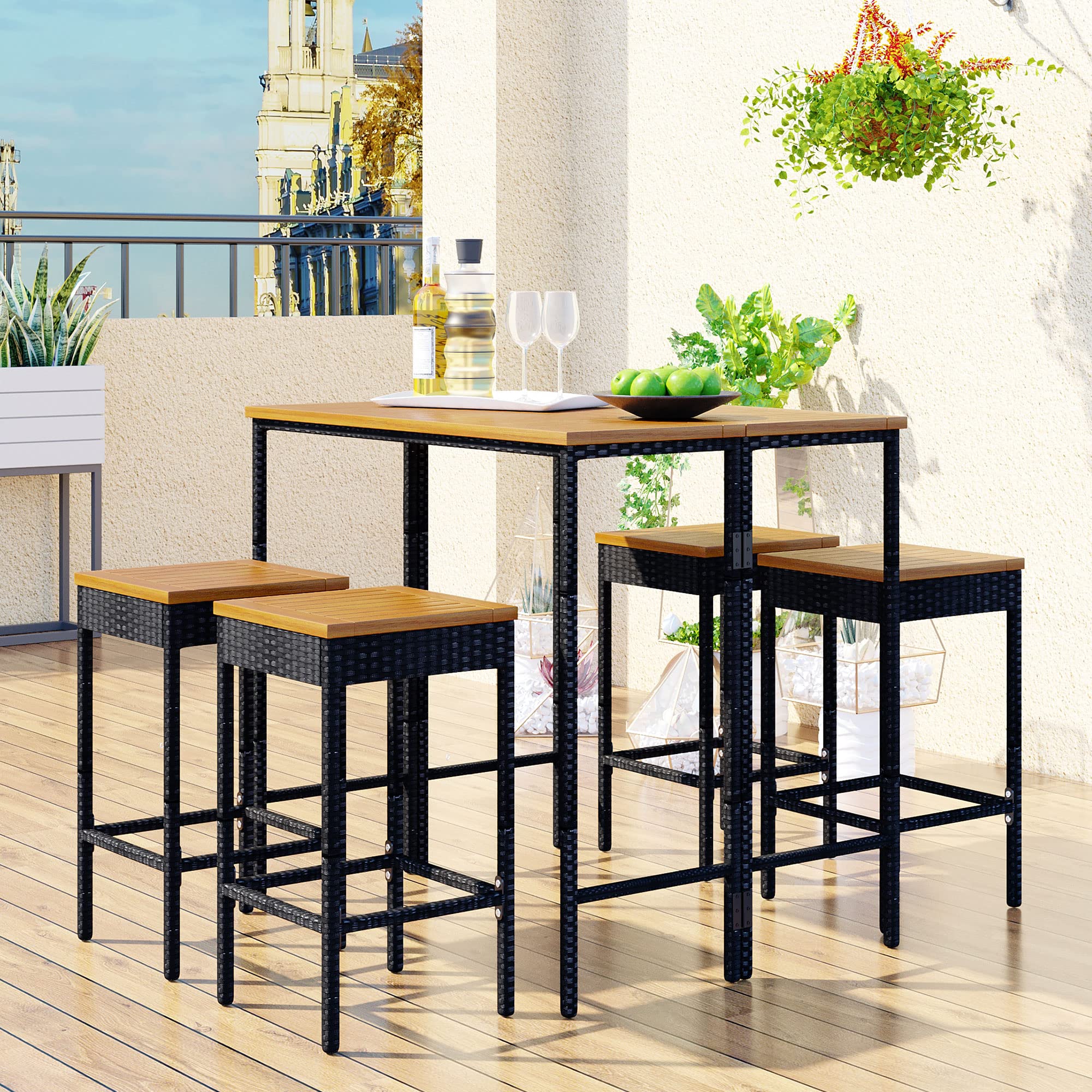5-Piece Outdoor Patio Wicker Bar Set - High-Dining PE Rattan Bistro Set with Foldable Acacia Wood Table & Square Stools - All-Weather Space-Saving Conversation Set for Backyard, Garden or Balcony