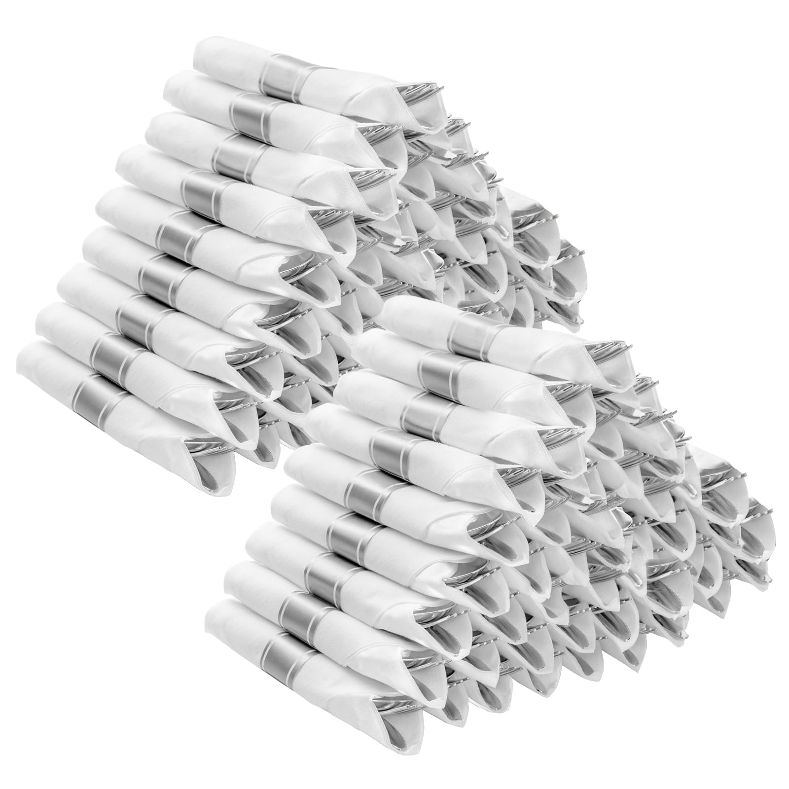 100-Piece Disposable Silver Plastic Cutlery Set - Pre-Rolled Wrapped Silverware with 100 Napkins, Knives, Forks & Spoons - Perfect for Parties, Birthdays, Picnics & Catering Events