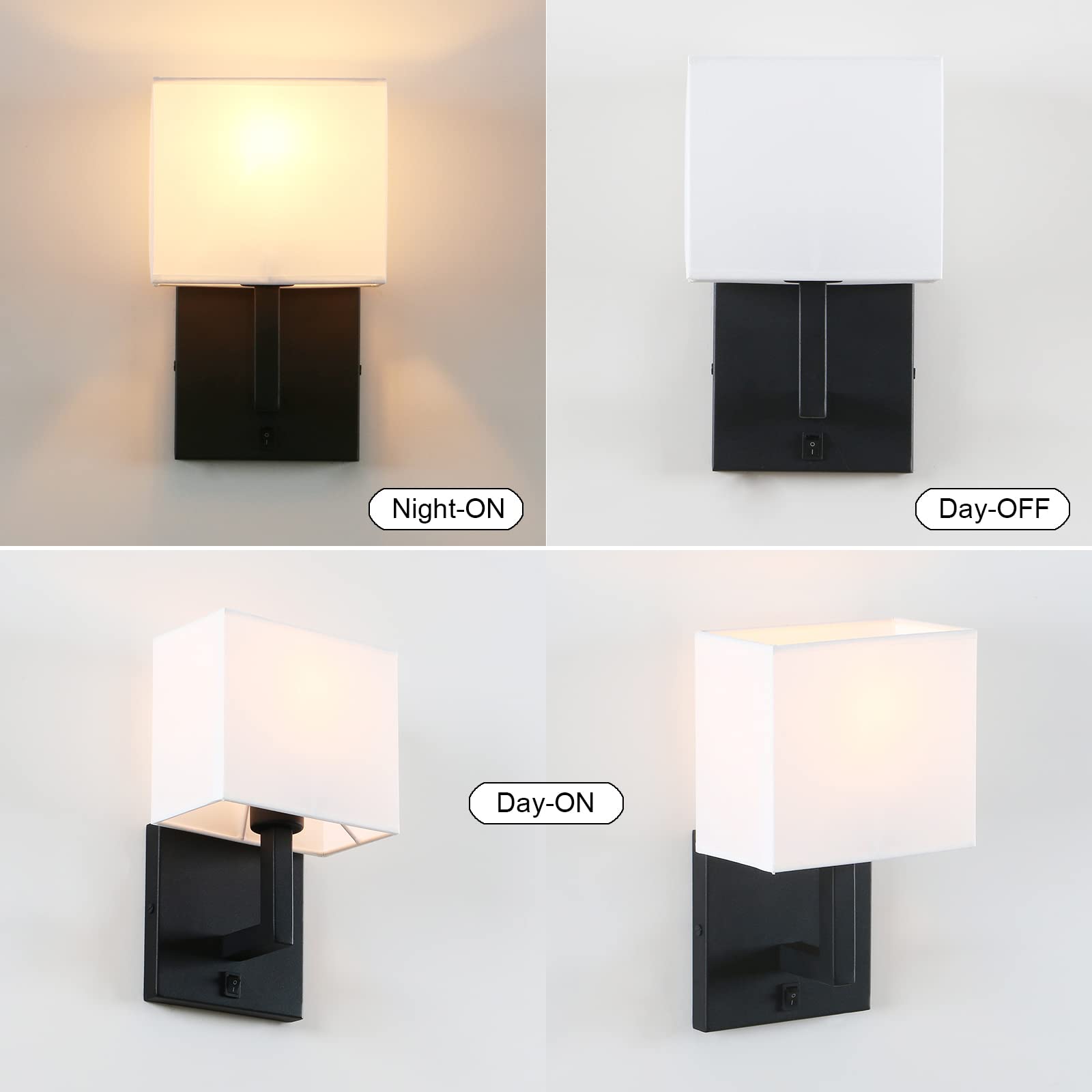 PERMO Black Single Wall Sconce Light Fixture Set of 2 - Modern Bedside Lamps with White Fabric Shades & On/Off Switch - Perfect for Bedroom Nightstand, Reading Nook & Cozy Home Decor (Black)