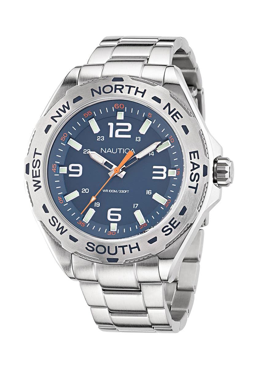 Nautica Men's Clearwater Beach Stainless Steel Bracelet Watch - 85% Recycled Material, Water Resistant, Casual & Dress Wear for Everyday Use, Beach, Office & Outdoor Activities
