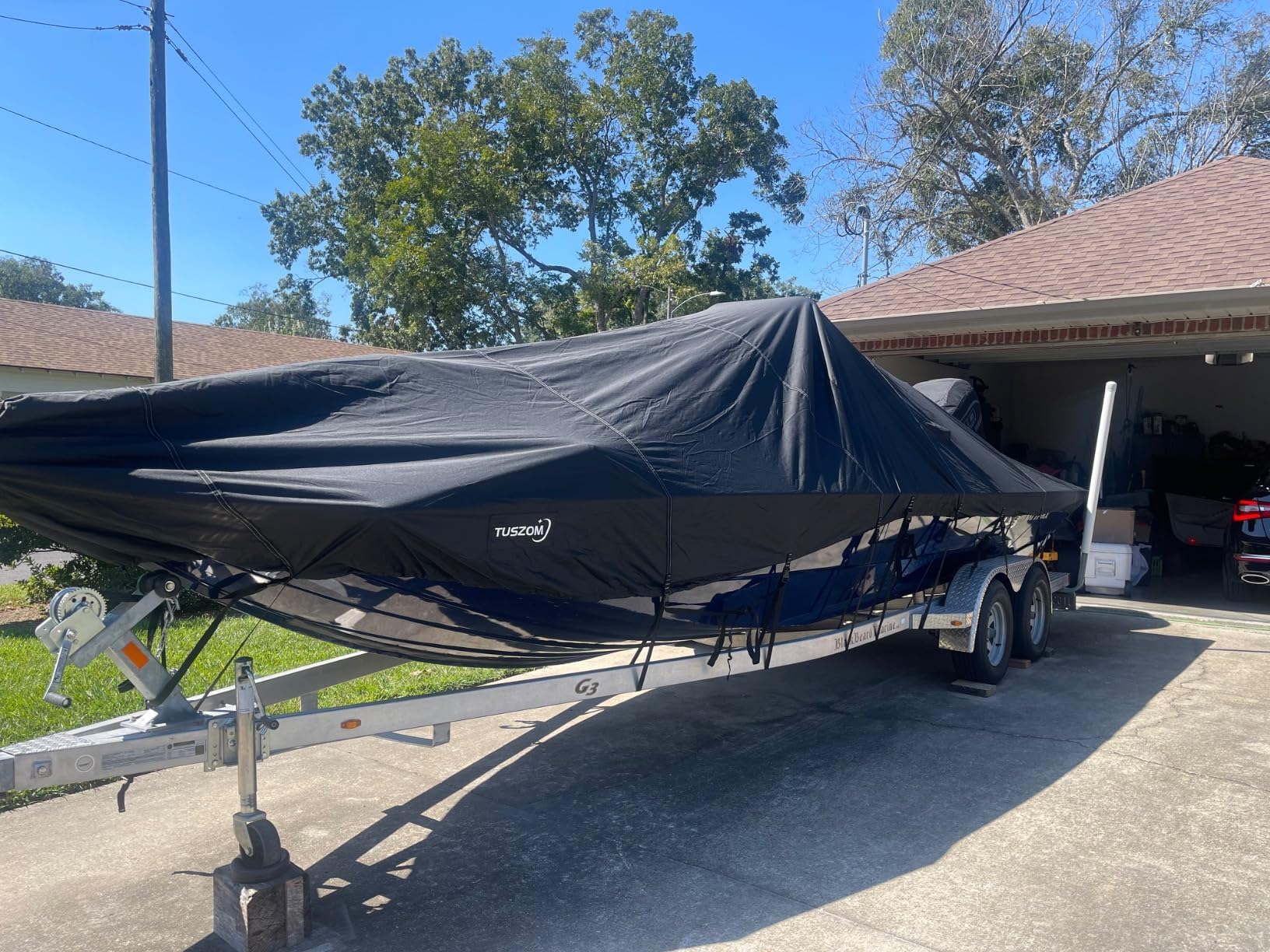 Tuszom True 900D Heavy-Duty Waterproof Boat Cover for Center Console Boats 20'-22' - 100% Waterproof, Tear-Resistant, Trailerable with 13-19 Windproof Straps & Motor Protection (Black, Fits up to 106