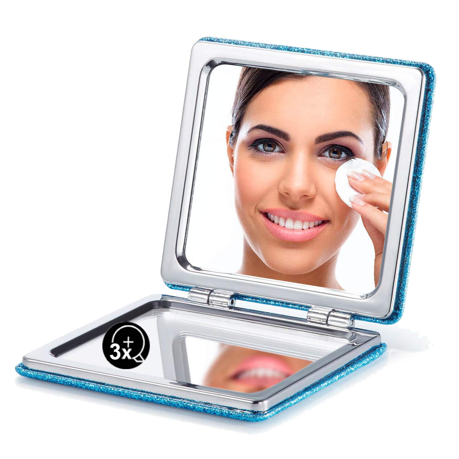 OMIRO Compact Mirror with Glitter PU Cover - 1X & 3X Magnification, Ultra Portable Makeup Mirror for Purse, Travel, and Touch-ups (Blue) | Perfect for Home, Office, and On-the-Go Beauty
