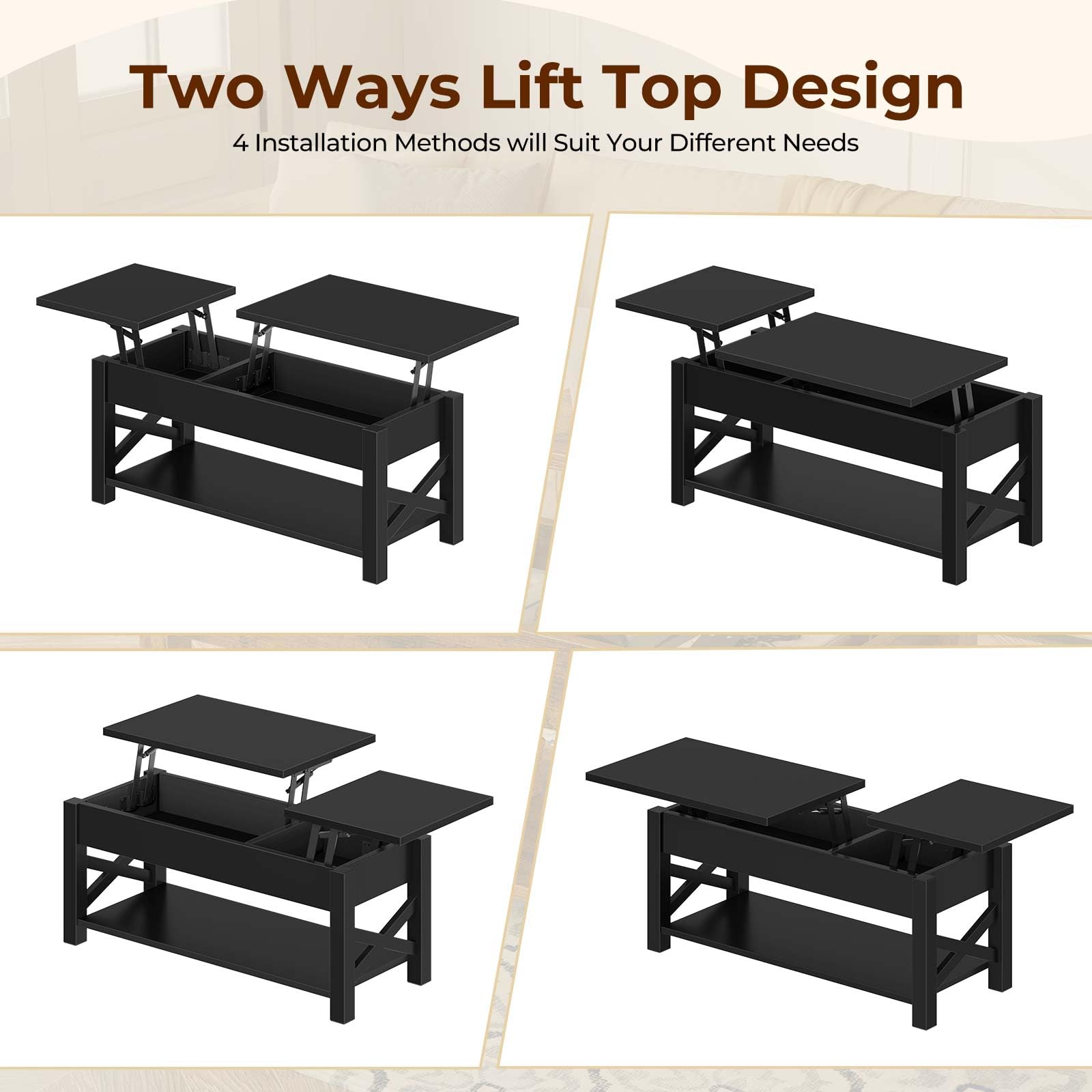 Rolanstar 47.2 Inch Lift Top Coffee Table - Farmhouse Style Center Table with Hidden Storage Compartment, Open Shelf & X-Shaped Wooden Legs for Living Room - Black | Perfect for Small Spaces, Home Decor & Coffee Lovers
