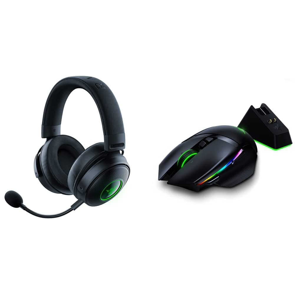 Razer Kraken V3 Pro HyperSense Wireless Gaming Headset with Leatherette Memory Foam Cushions & Basilisk Ultimate HyperSpeed Wireless Gaming Mouse with Charging Dock - Classic Black | Immersive Gaming Experience for PC, PS5, Xbox Series X