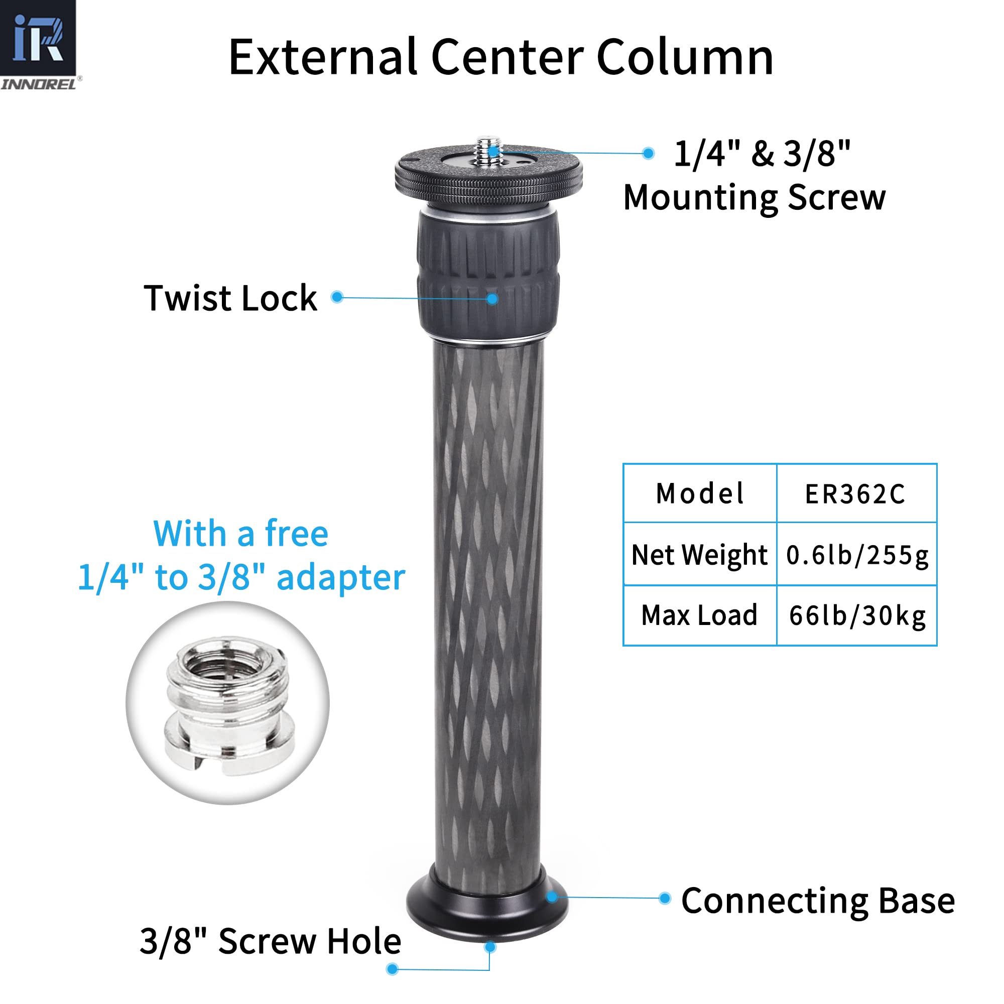 INNOREL ER362C 10-Layer Carbon Fiber Tripod Center Column Extension Pole - Heavy Duty 36mm Tube for DSLR Camera, Monopod & Tripod - Perfect for Outdoor Photography, Studio Shoots & Travel Videography