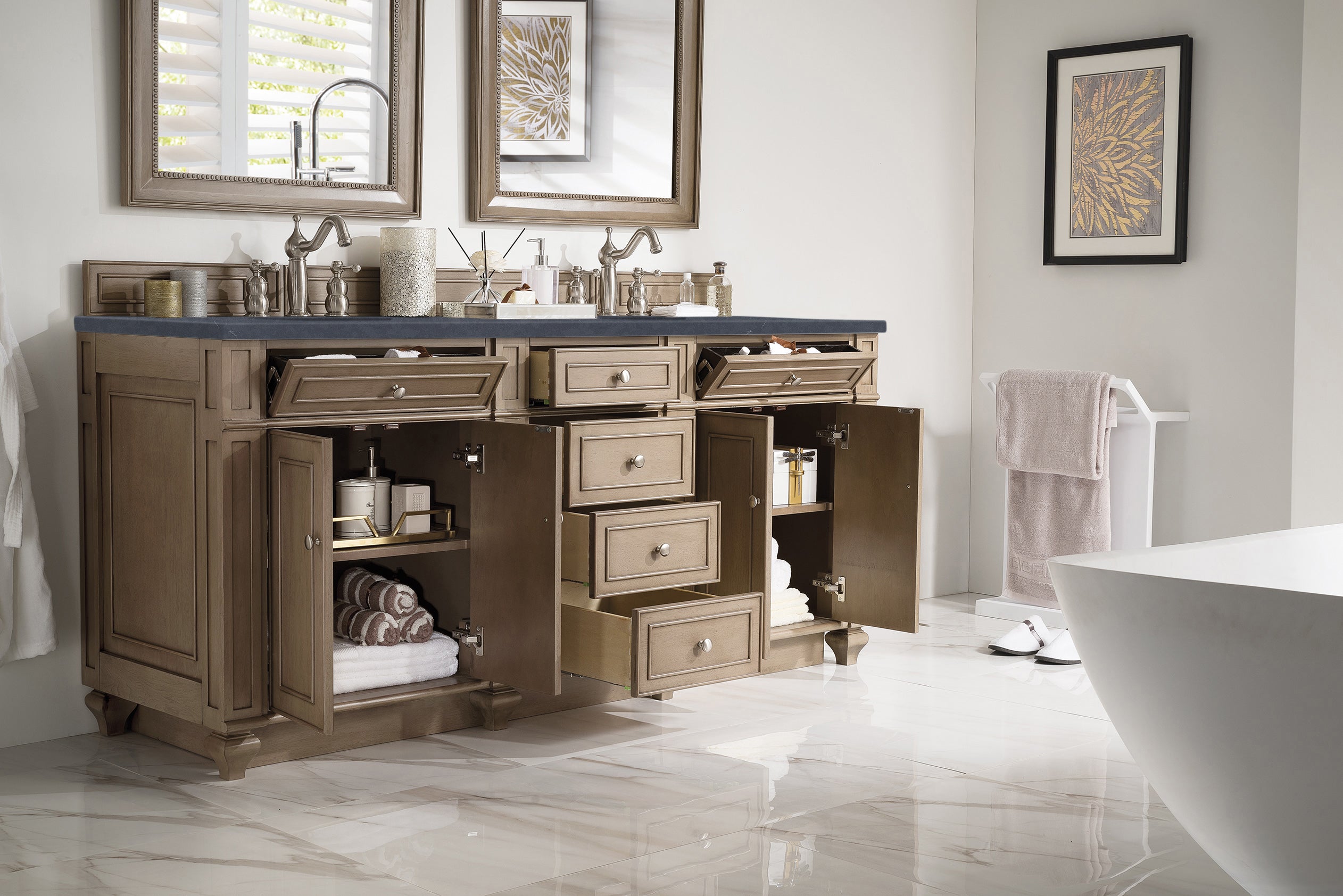 Bristol 72 Inch Double Bathroom Vanity with Whitewashed Walnut Finish & 3CM Charcoal Soapstone Quartz Countertop - Perfect for Master Bathroom, Guest Bath, or Powder Room Renovation