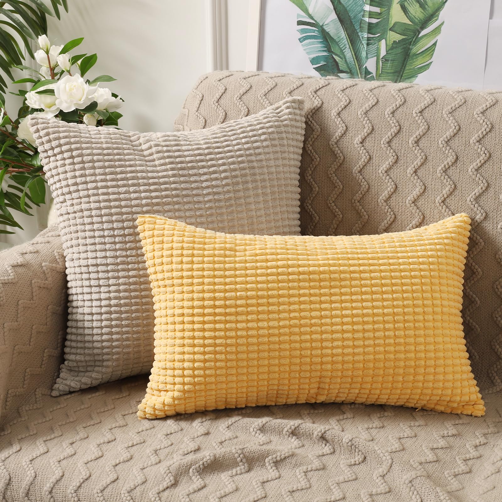 BeBen 20x20 Corduroy Throw Pillow Covers Set of 2 - Soft Square Decorative Cushion Cases for Couch, Sofa, Bed & Car - Beige Home Decor | Perfect for Living Room, Bedroom & Interior Design