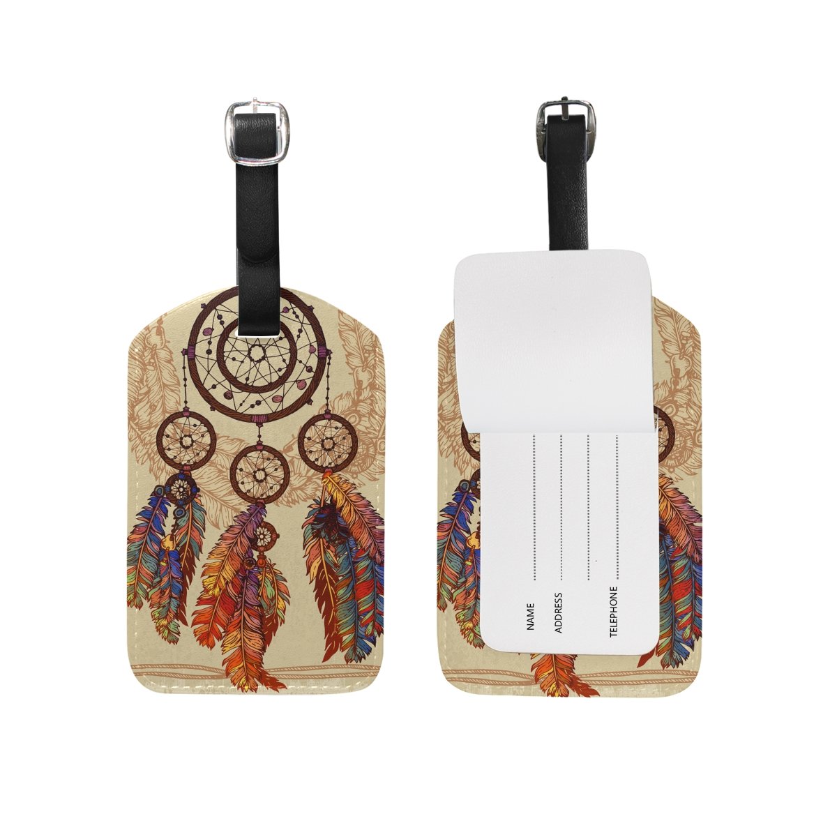 Bohemian Feather Vintage Indian Luggage Tags - Handmade Leather Travel Baggage Tags for Suitcases, Backpacks & Carry-Ons | Perfect for Airports, Vacations & Unique Gift Giving
