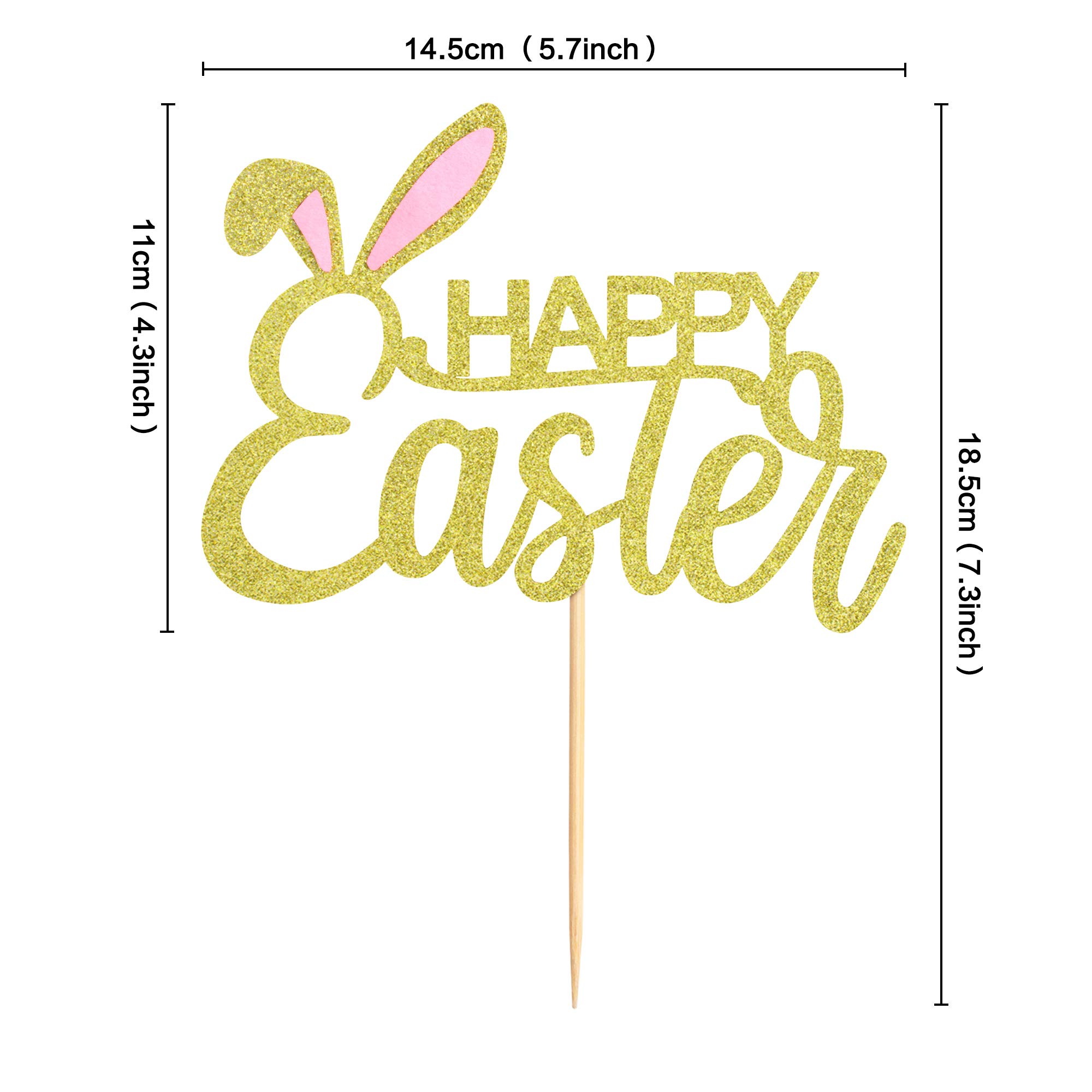 Happy Easter Cake Topper - 1 Pack Bunny Ear Gold Glitter Cake Picks for Easter Theme Party Decorations | Perfect for Easter Cakes, Cupcakes, Desserts & Holiday Celebrations