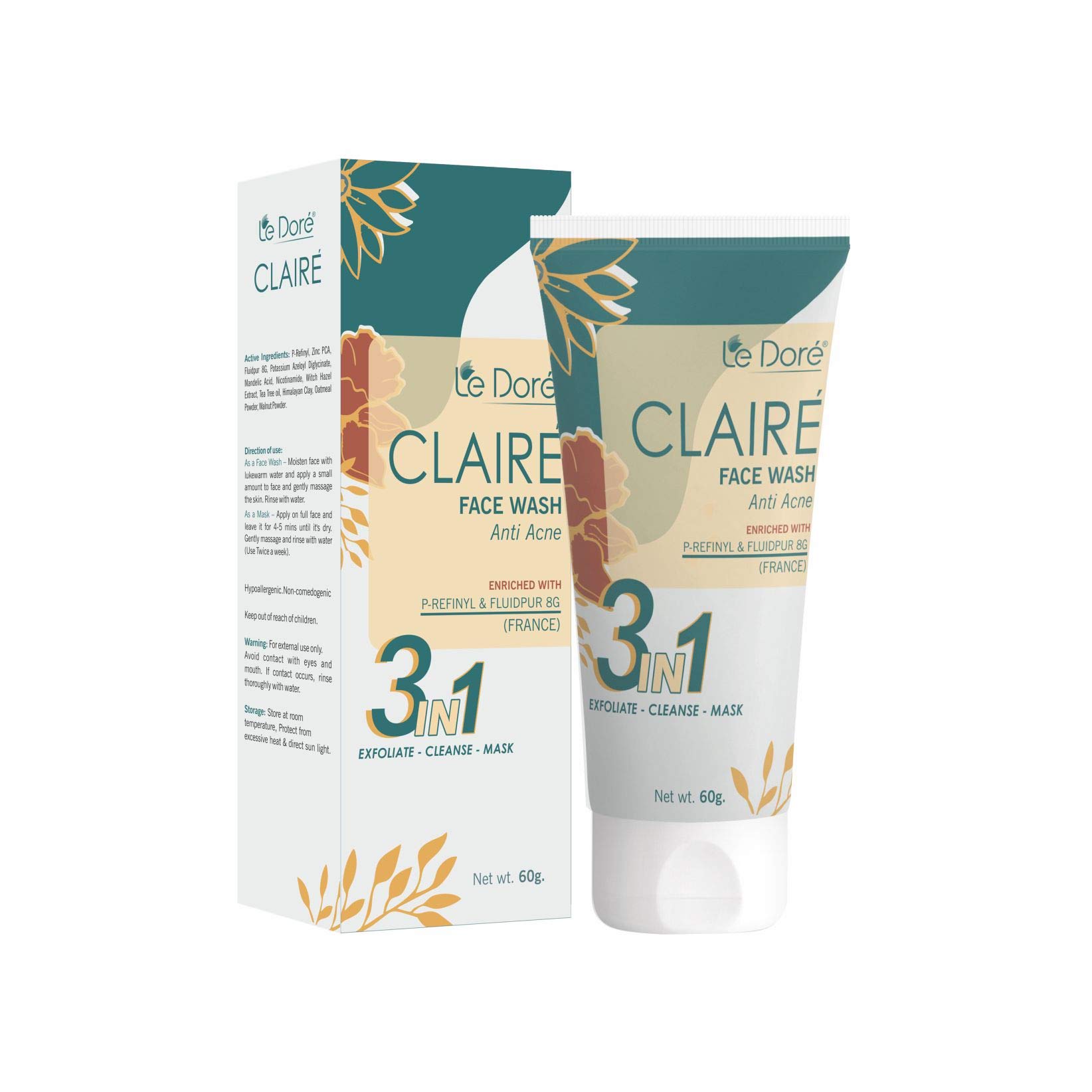 Le Dore Claire 3-in-1 Anti-Acne Clay Face Wash with Zinc PCA, Witch Hazel & Tea Tree Oil - Deep Cleansing, Reduces Breakouts & Blemishes, Rejuvenates Skin - 60g for Oily, Acne-Prone & Sensitive Skin | Perfect for Daily Skincare Routine & Post-Workout Cleansing
