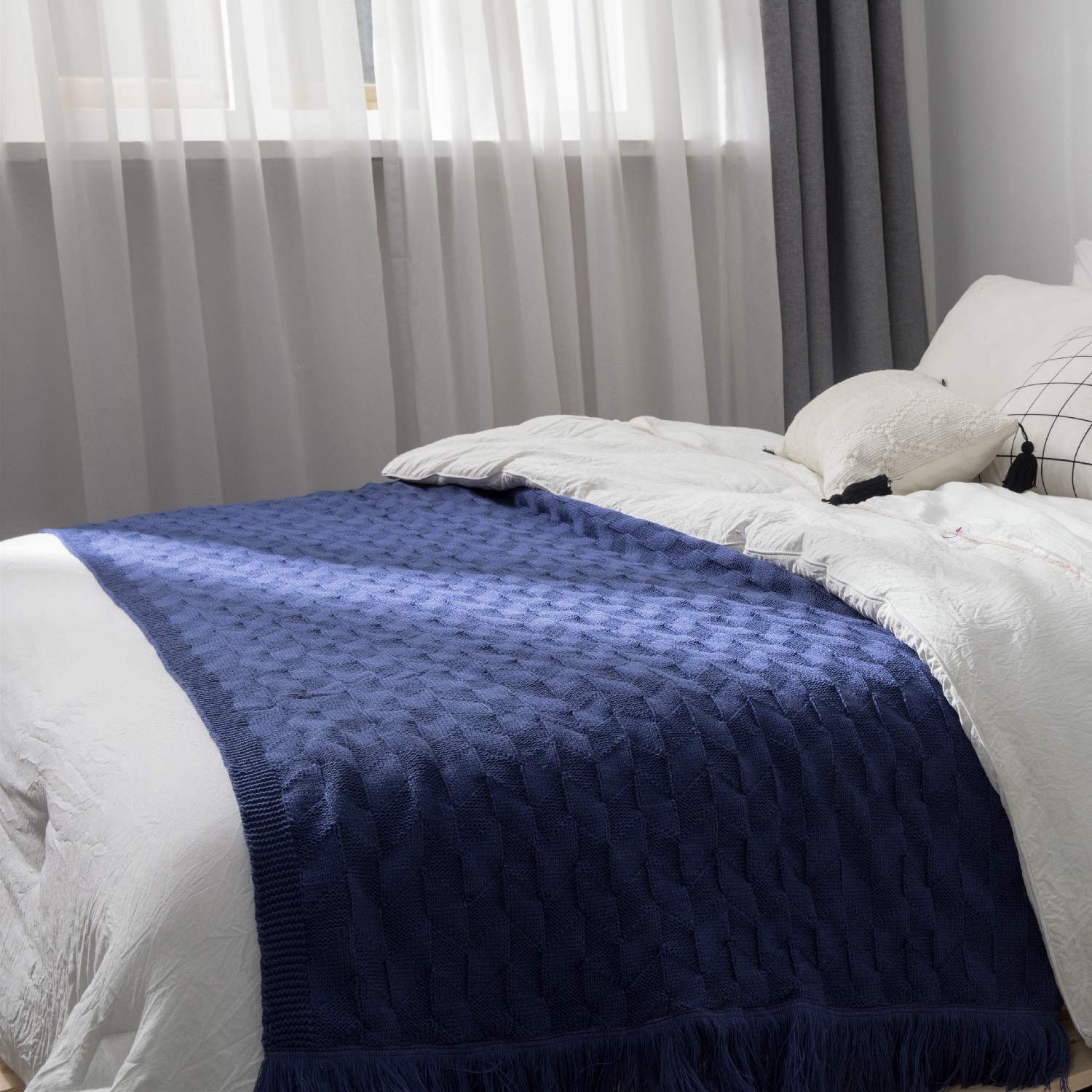 GYROHOME Soft Knitted Throw Blanket with Tassels - Lightweight Warm Decorative Blanket for Bed, Sofa & Couch - 32x78 Inch Jean Blue - Perfect for Living Room, Bedroom & Cozy Home Decor
