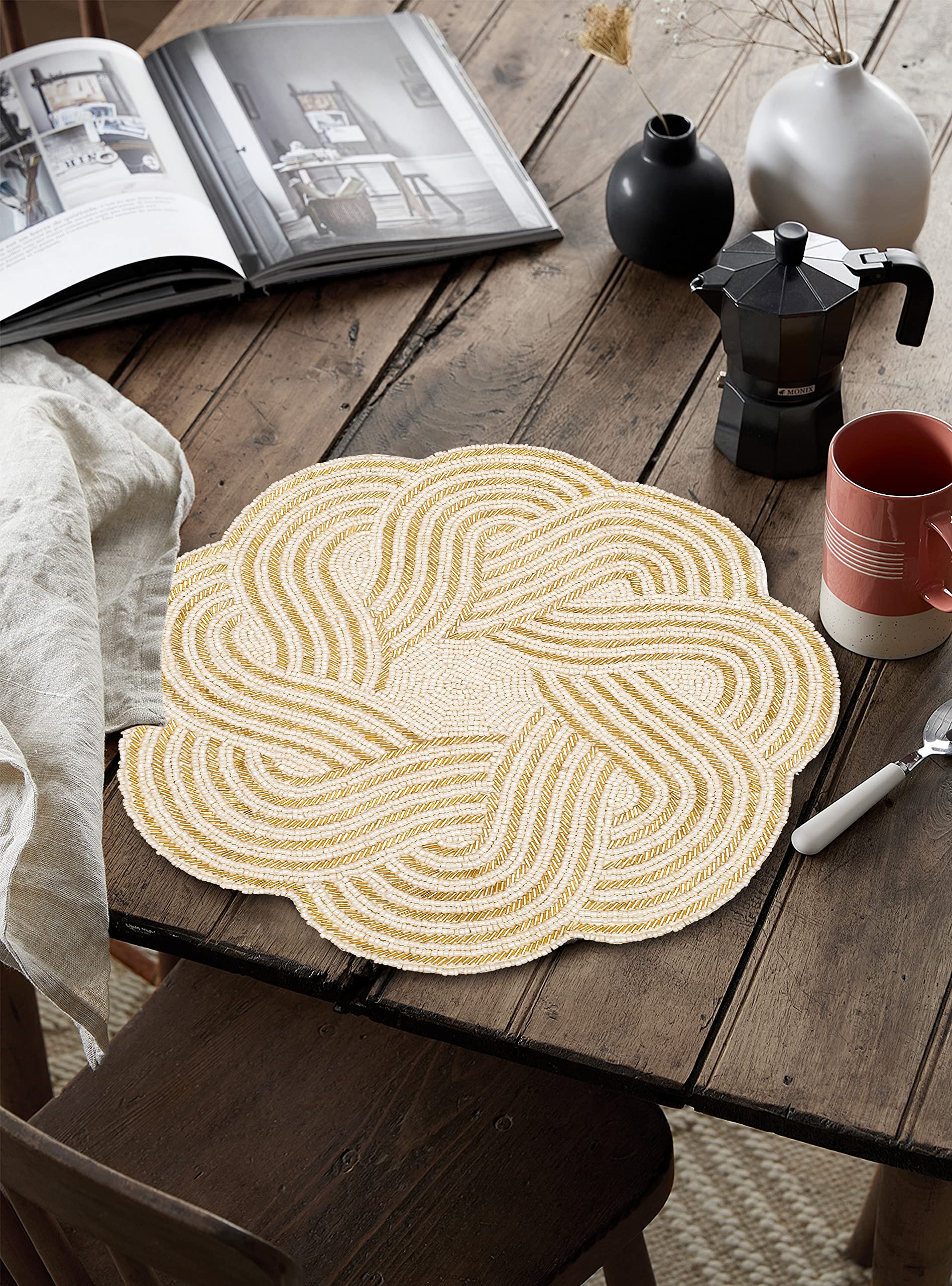 ALPHA Living HOME Handmade Round Beaded Placemats - 13 Inch Elegant Table Mats for Dining, Coffee Table, Wedding & Holiday Decor - Ivory - Perfect for Thanksgiving, Christmas Parties & Home Décor