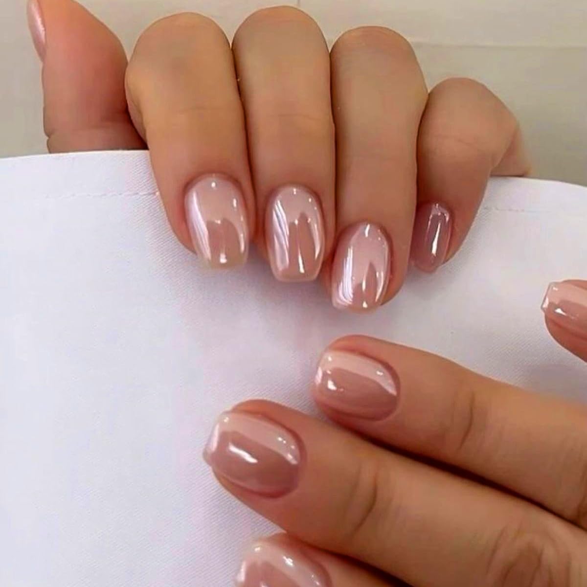 KQueenest Short Press On Nails - Chrome Square Fake Nails with Mirror Shine & Sparkle Gel | Natural Glazed Glue On Nails for Women | Perfect for Daily Wear, Office, Parties & Special Occasions
