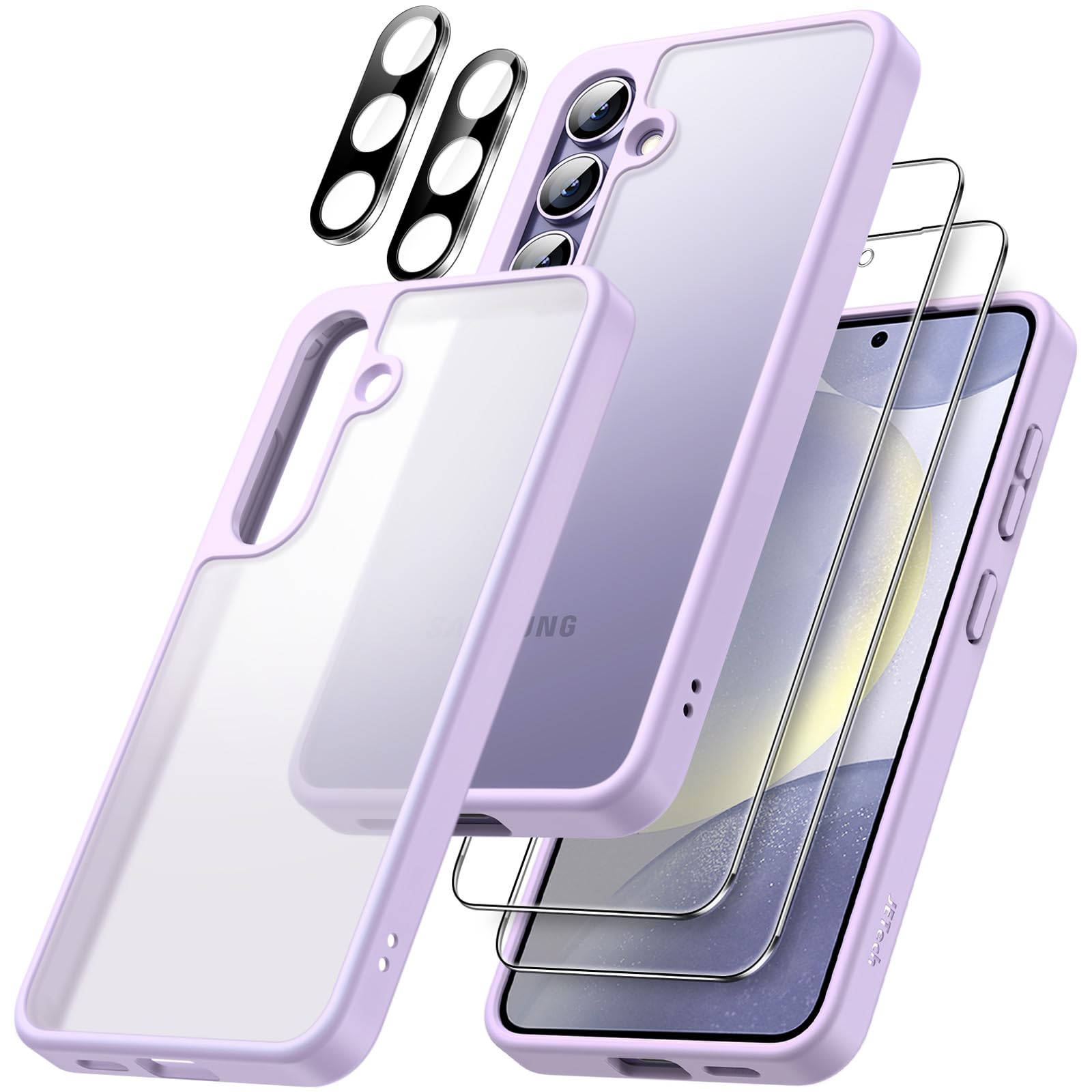 JETech 5-in-1 Matte Case for Samsung Galaxy S24+ / S24 Plus 5G - Shockproof Phone Cover with 2-Pack Tempered Glass Screen Protector & Camera Lens Protector, Translucent Back Design (Lilac) - Perfect for Everyday Use, Travel & Outdoor Activities